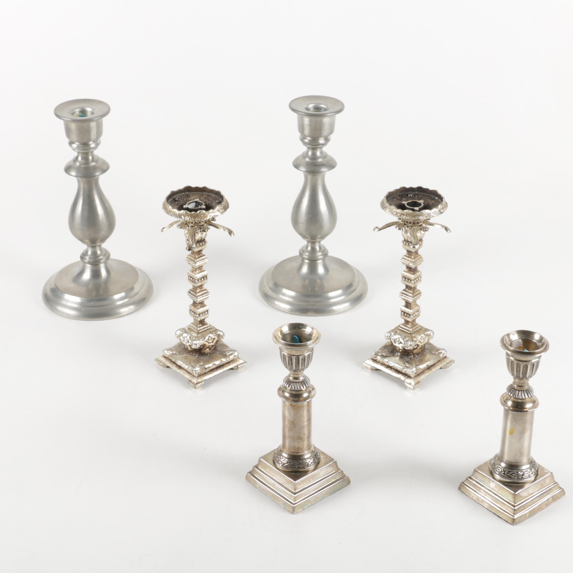 Silver Plate Candlesticks and Other Candlesticks Featuring Nantucket Pewter