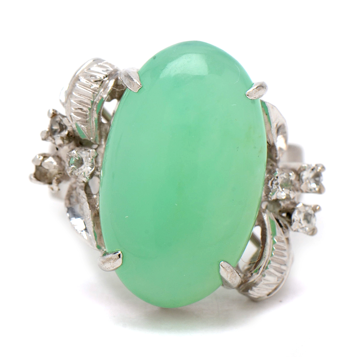 Silver Tone Chrysoprase and White Topaz Fashion Ring