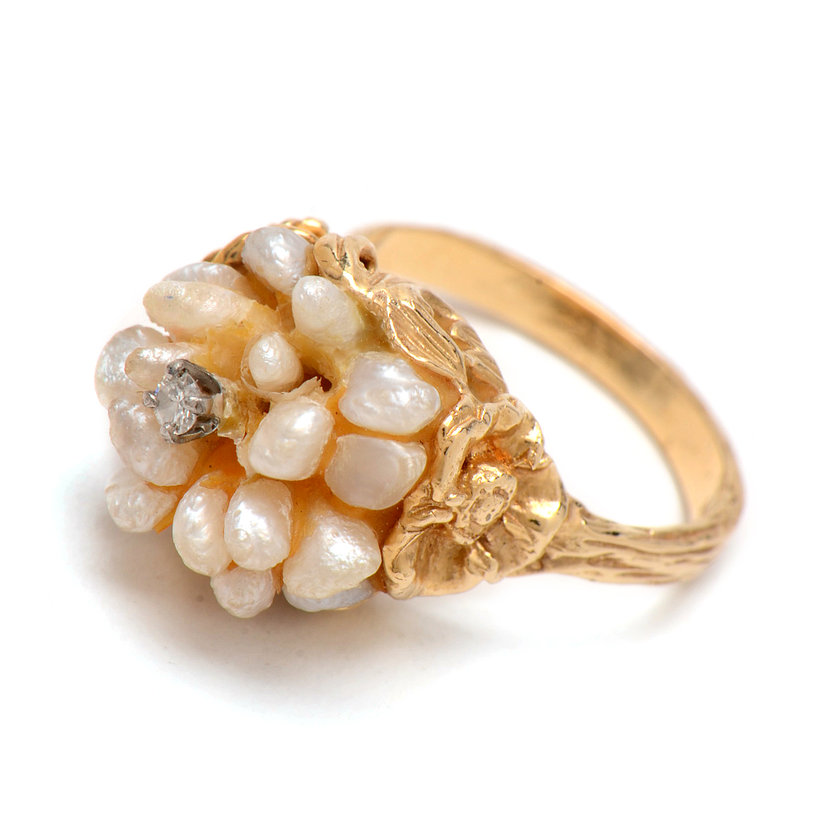 14K Yellow Gold Diamond and Pearl Ring