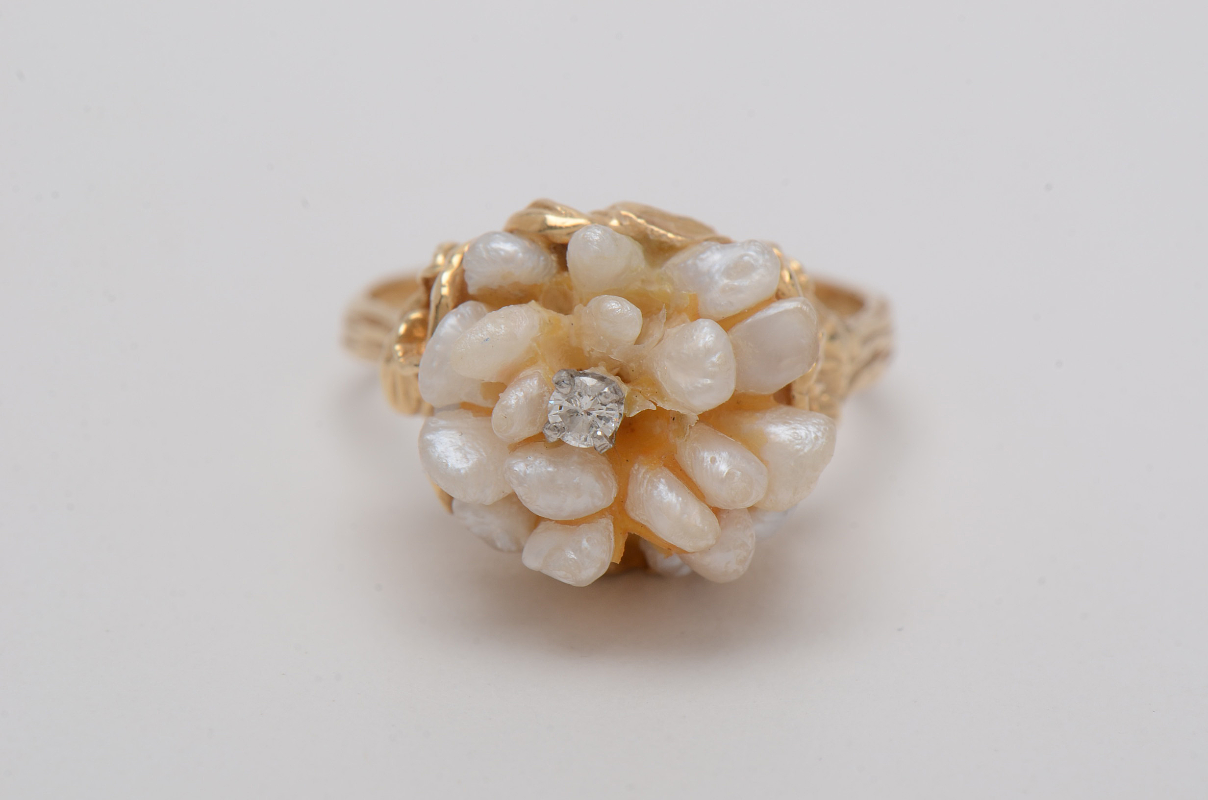 14K Yellow Gold Diamond and Pearl Ring