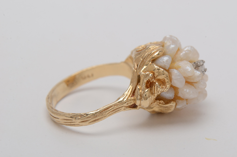 14K Yellow Gold Diamond and Pearl Ring