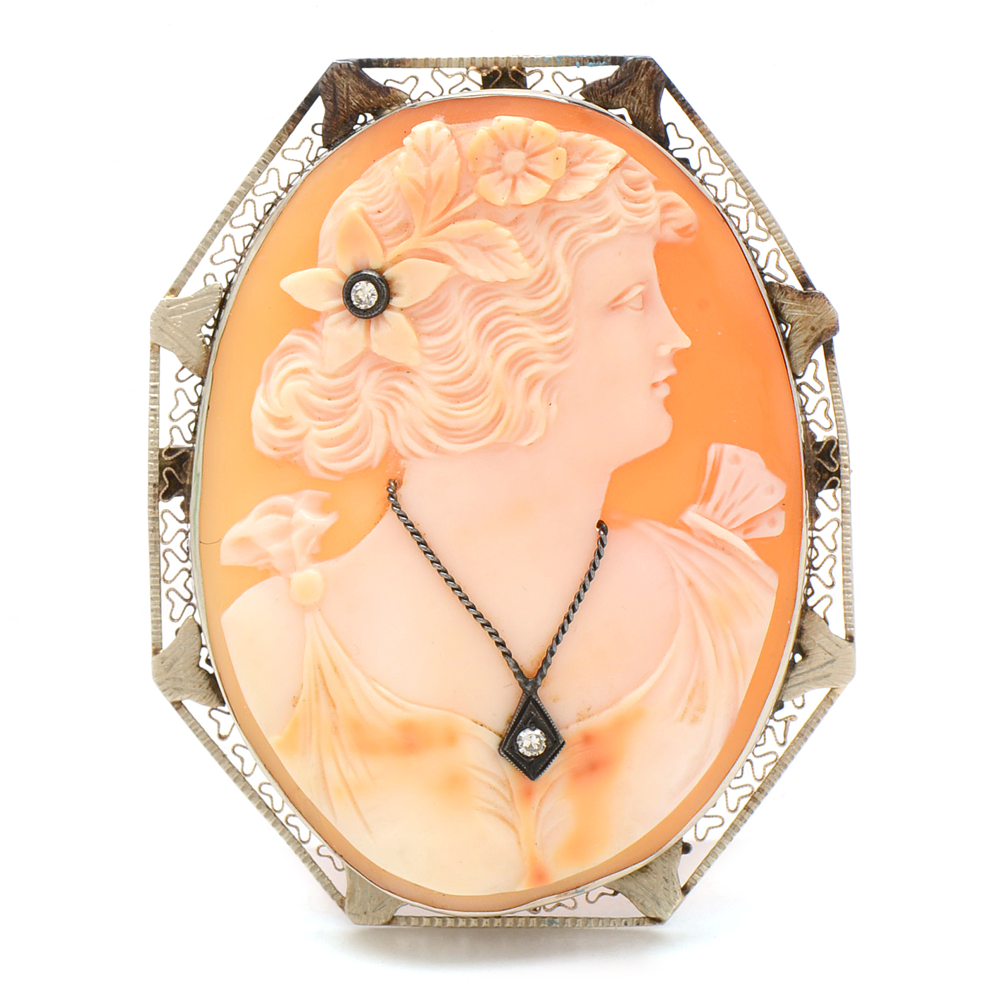 Vintage 14K White Gold Carved Shell Diamond Habillé Cameo Pendant Brooch