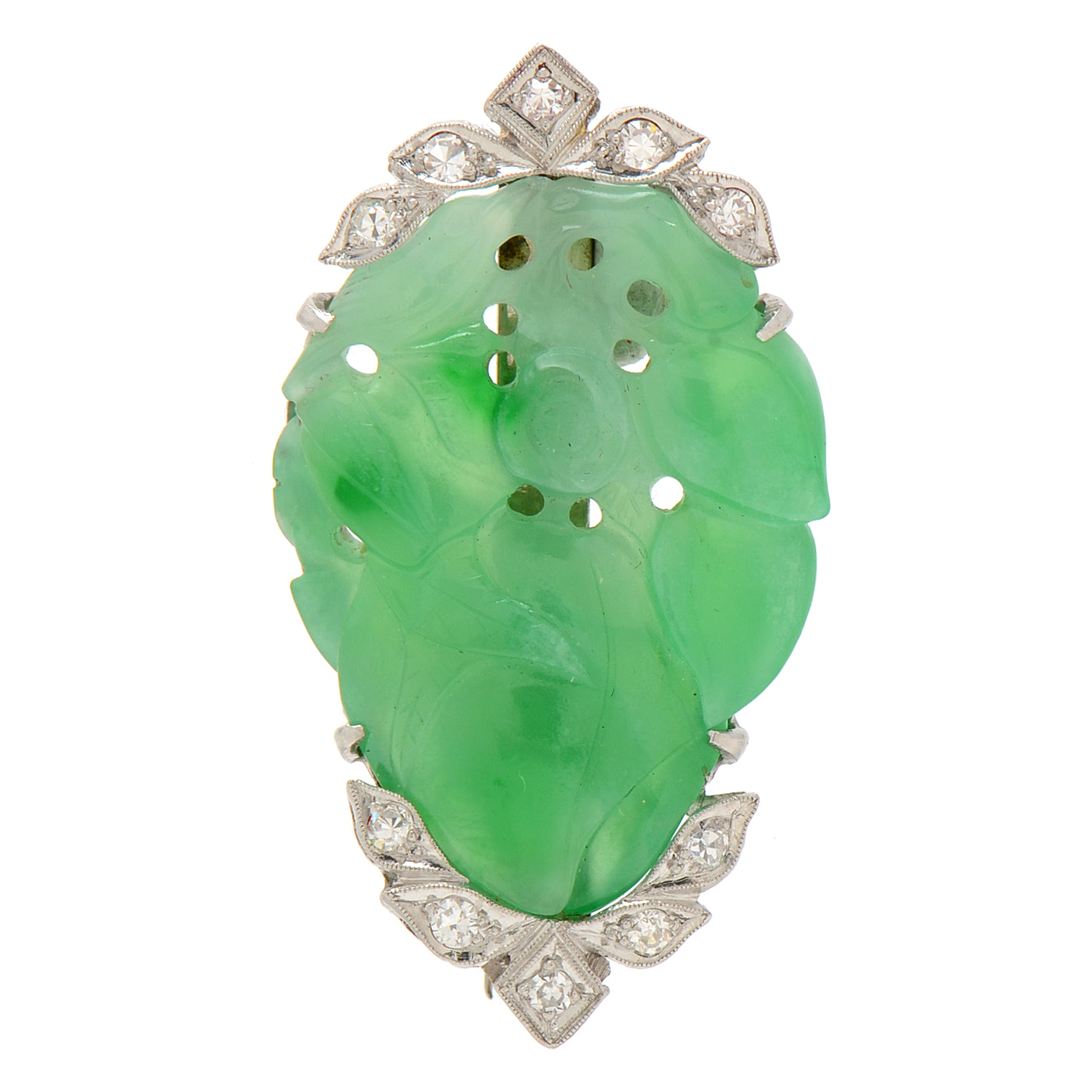 Art Deco Platinum Carved Jadeite Diamond Brooch with 14K White Gold Pin Stem