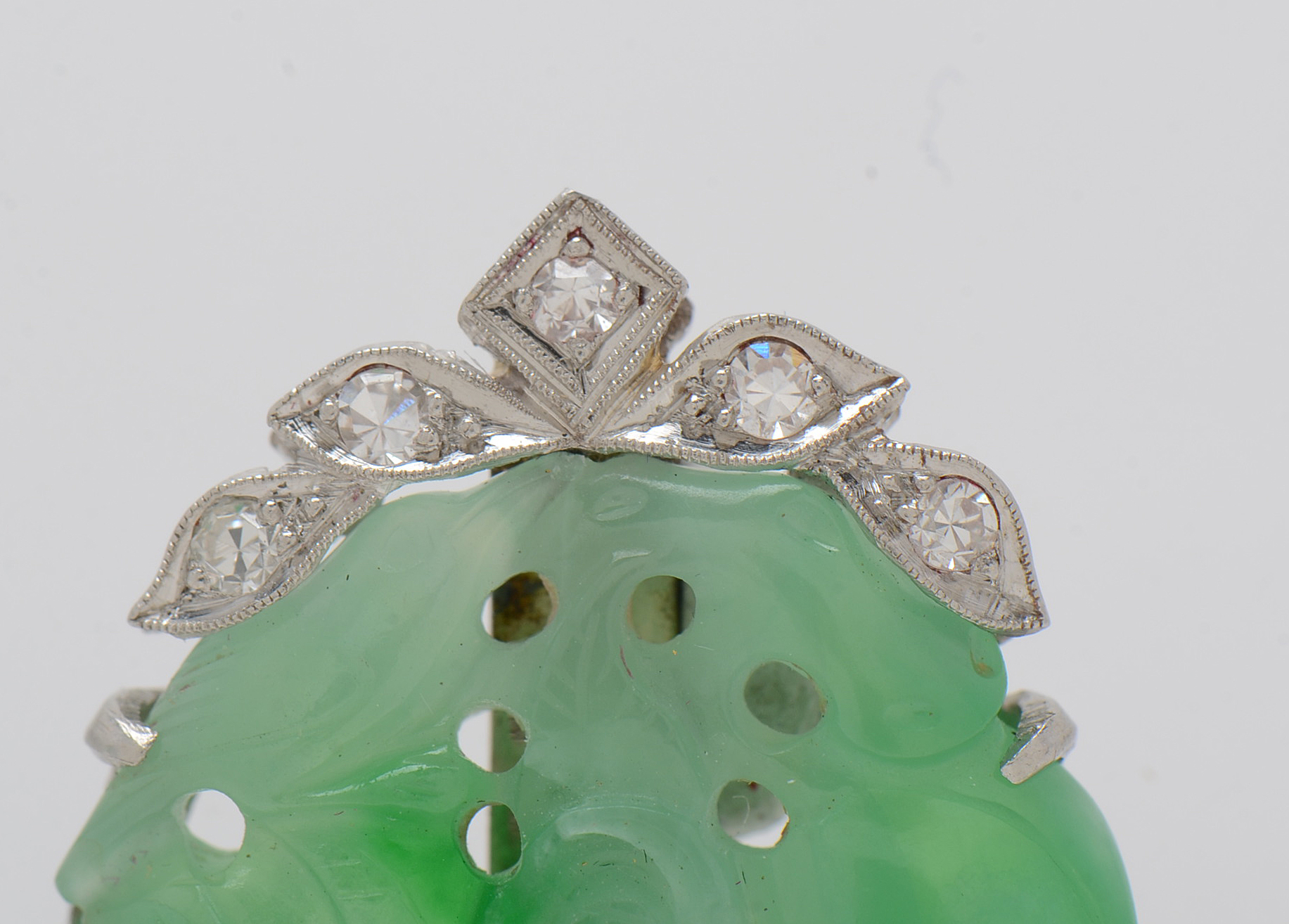Art Deco Platinum Carved Jadeite Diamond Brooch with 14K White Gold Pin Stem