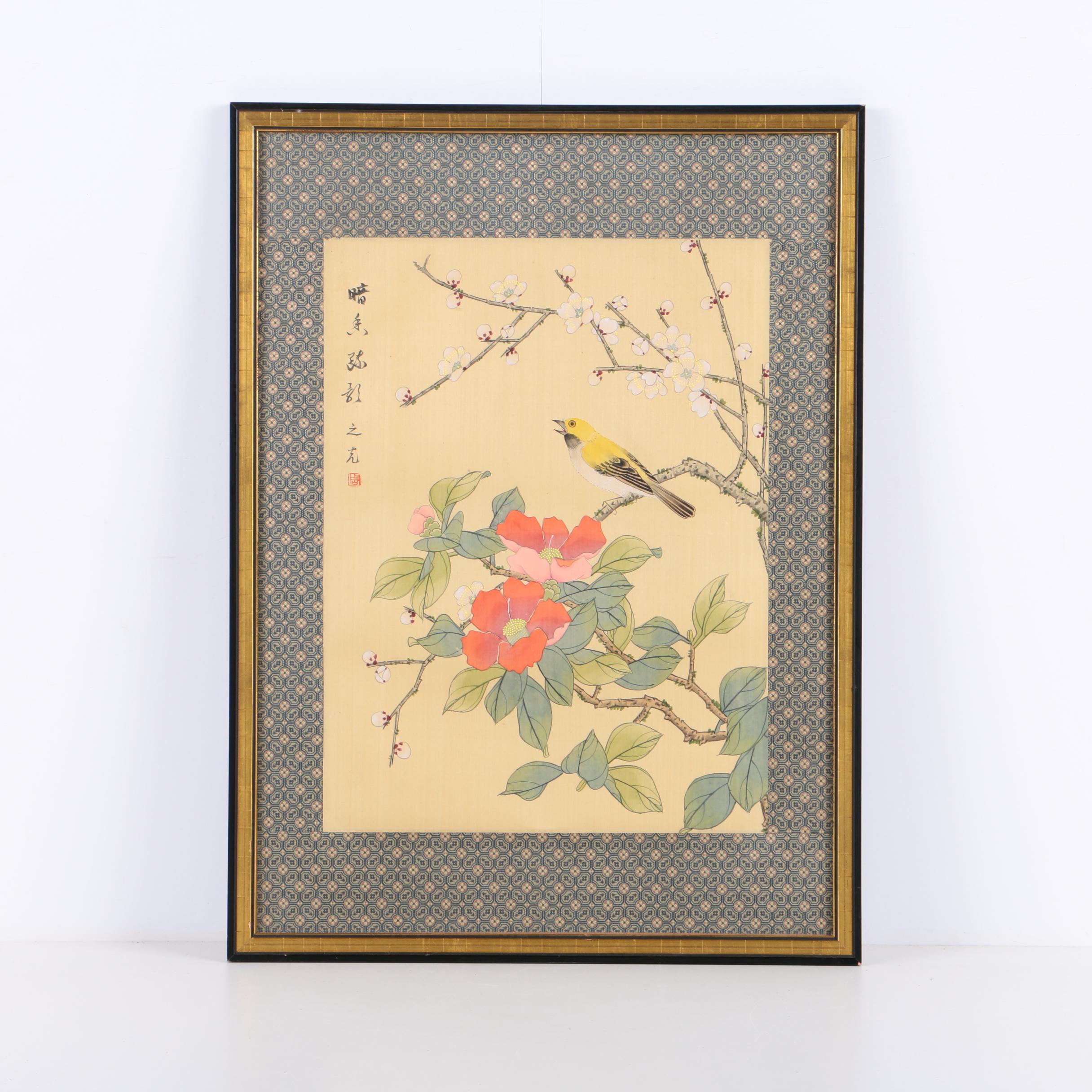 Japanese-Style Gouache Painting of Nature Scene