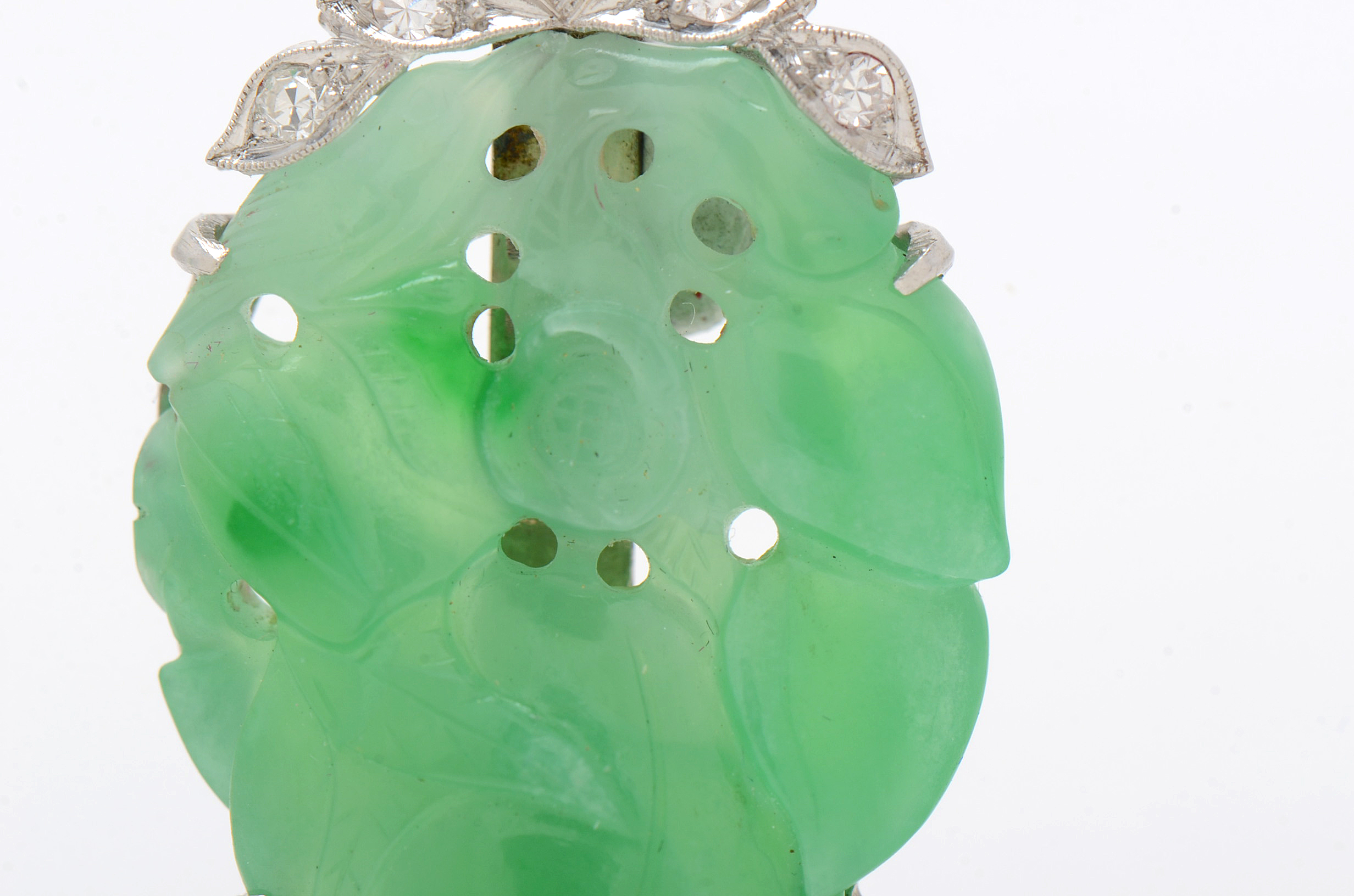 Art Deco Platinum Carved Jadeite Diamond Brooch with 14K White Gold Pin Stem