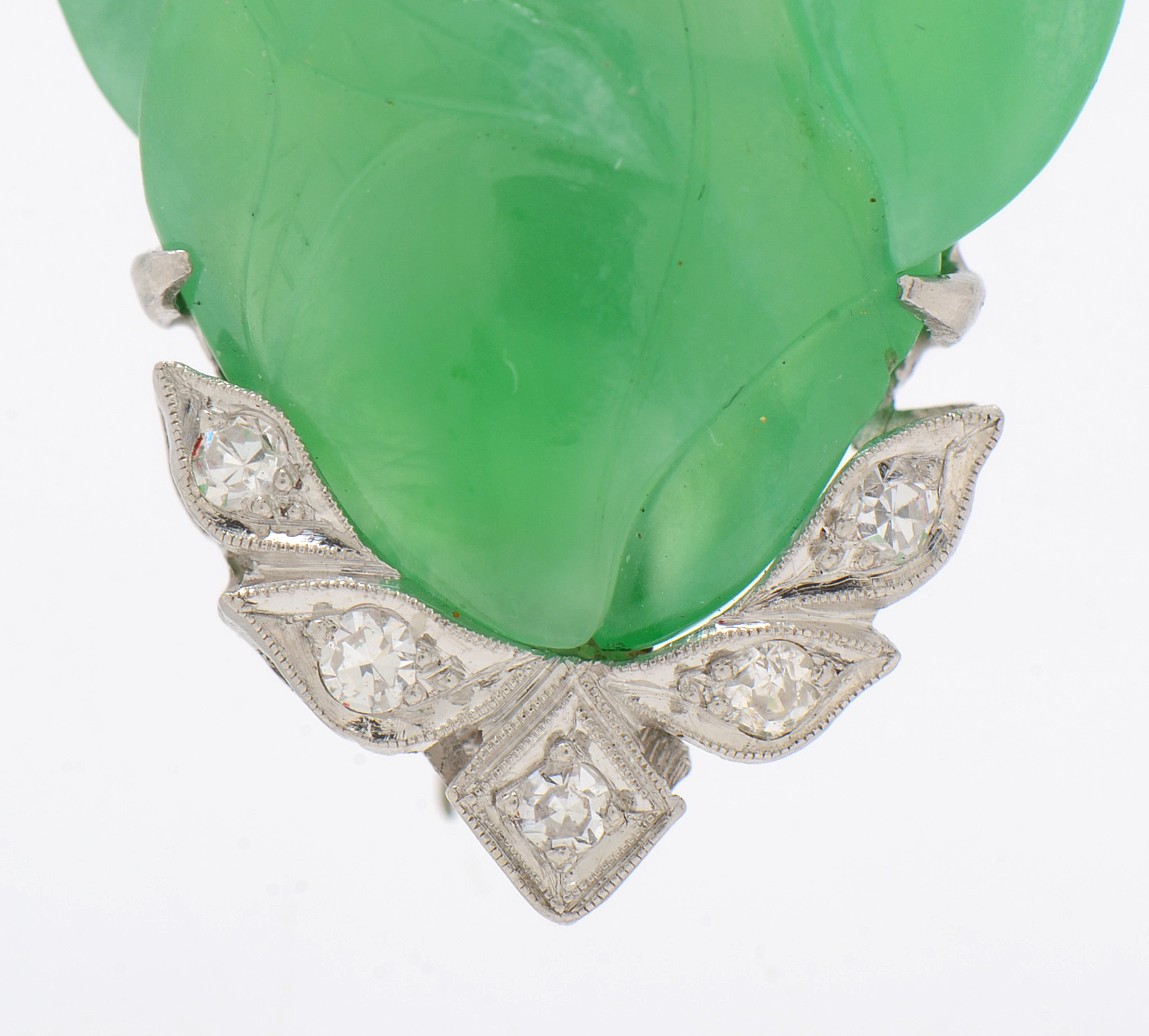Art Deco Platinum Carved Jadeite Diamond Brooch with 14K White Gold Pin Stem