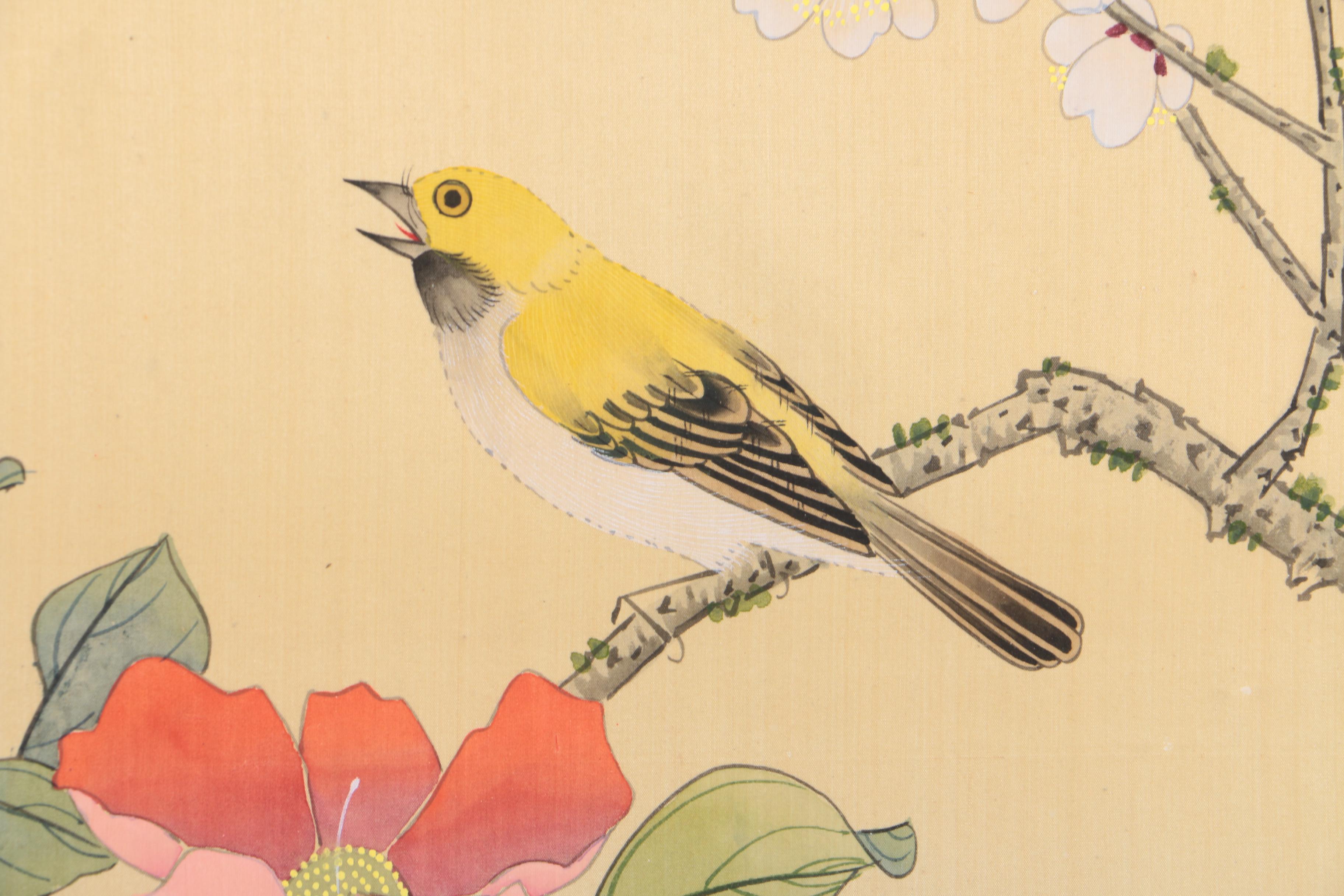 Japanese-Style Gouache Painting of Nature Scene