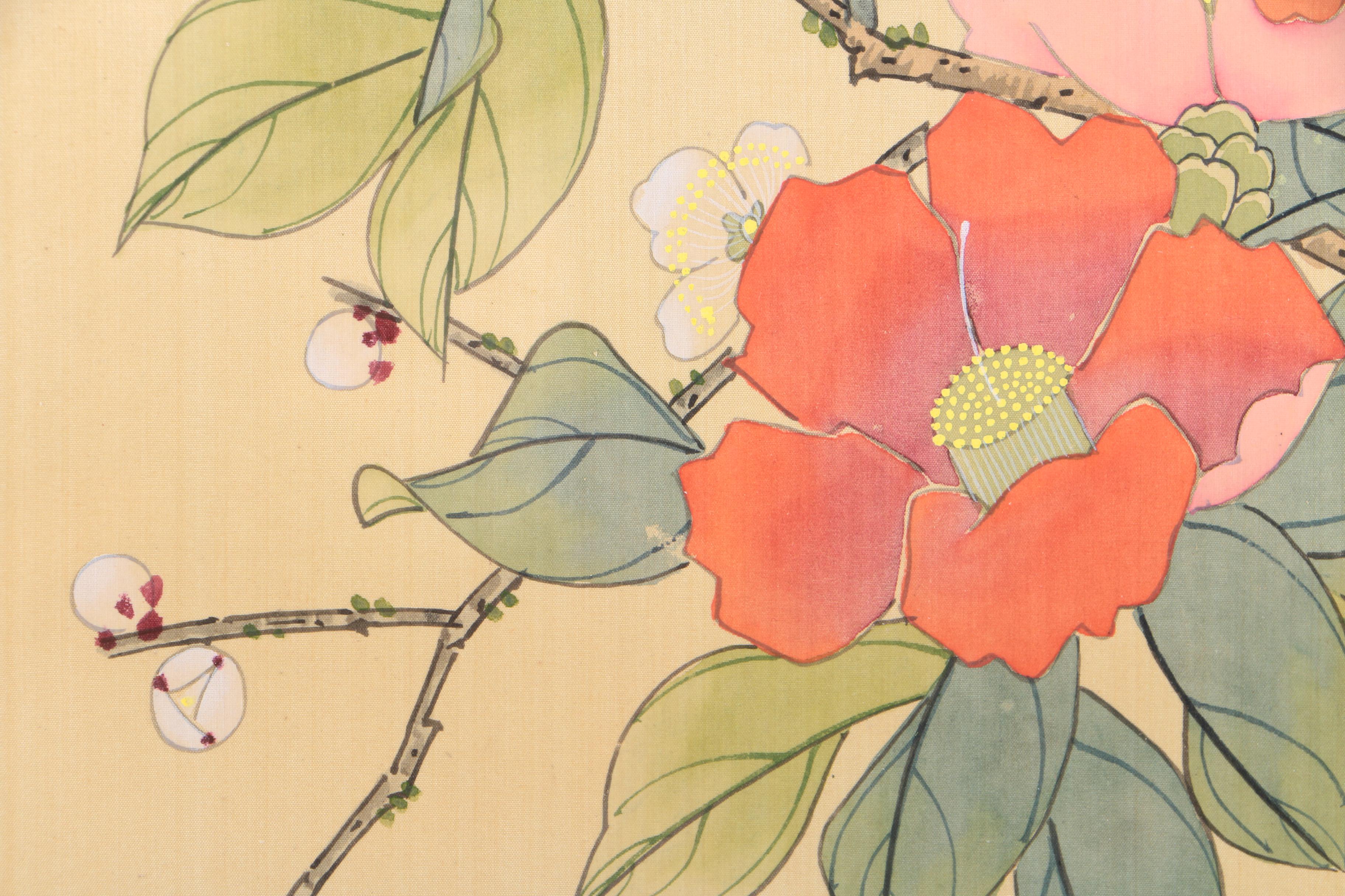 Japanese-Style Gouache Painting of Nature Scene