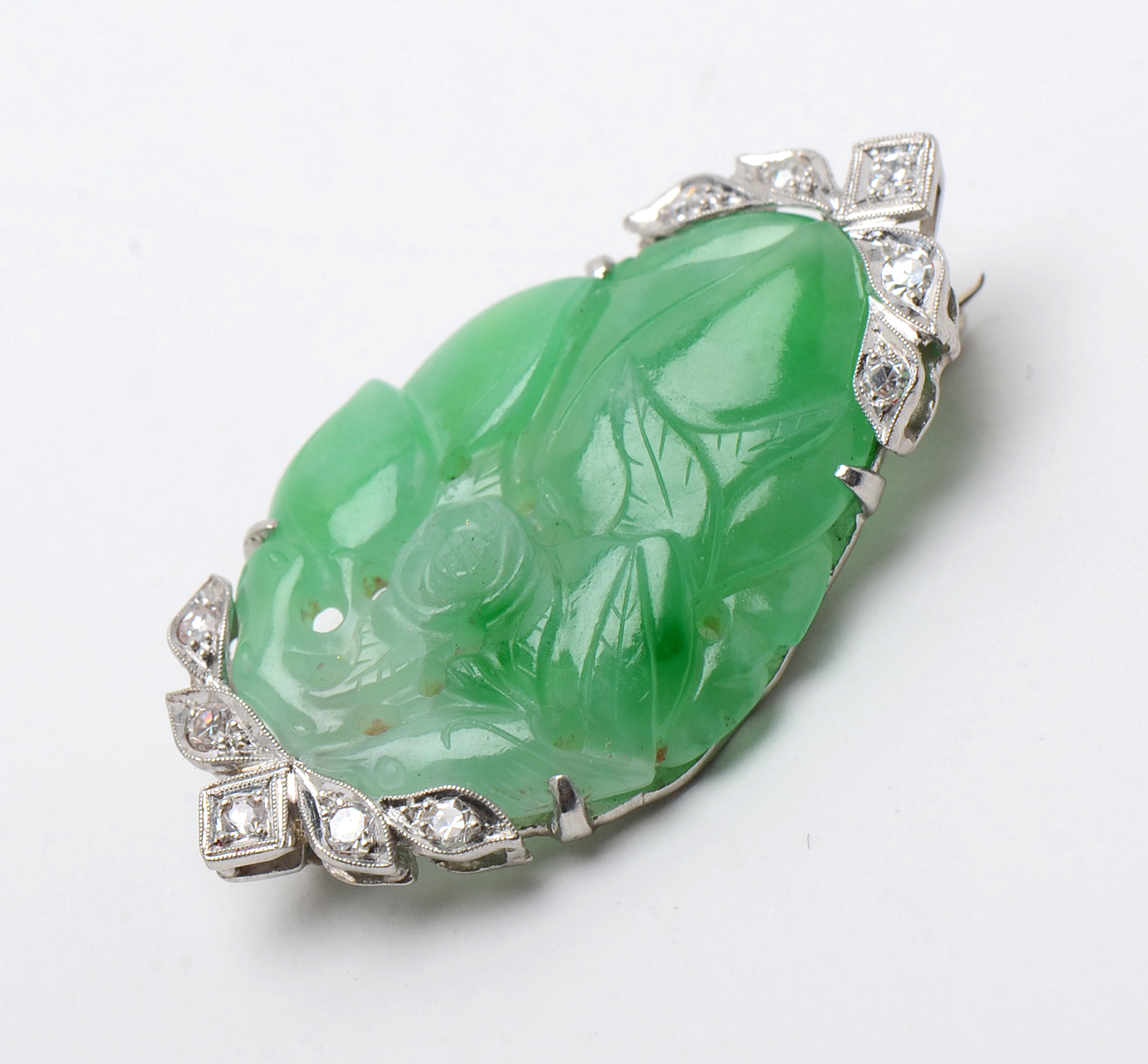 Art Deco Platinum Carved Jadeite Diamond Brooch with 14K White Gold Pin Stem