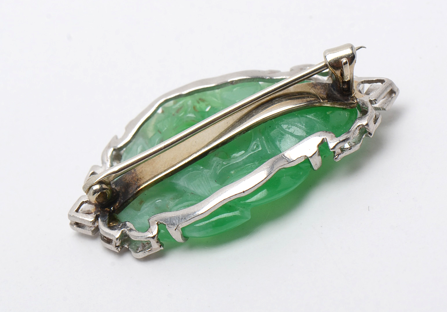 Art Deco Platinum Carved Jadeite Diamond Brooch with 14K White Gold Pin Stem