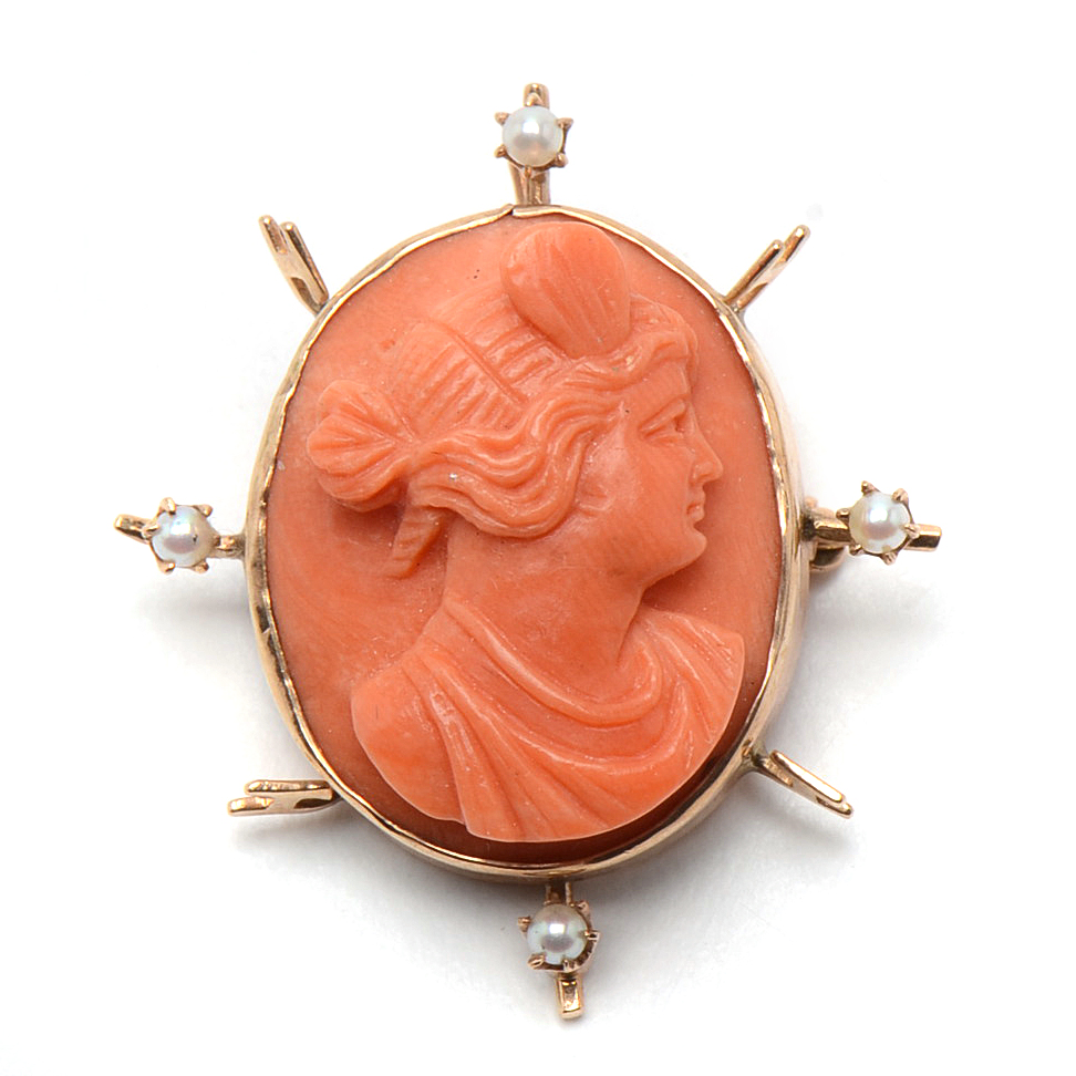Early 20th Century 10K Yellow Gold Carved Coral Cameo Seed Pearl Pendant Brooch