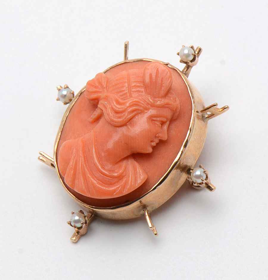 Early 20th Century 10K Yellow Gold Carved Coral Cameo Seed Pearl Pendant Brooch