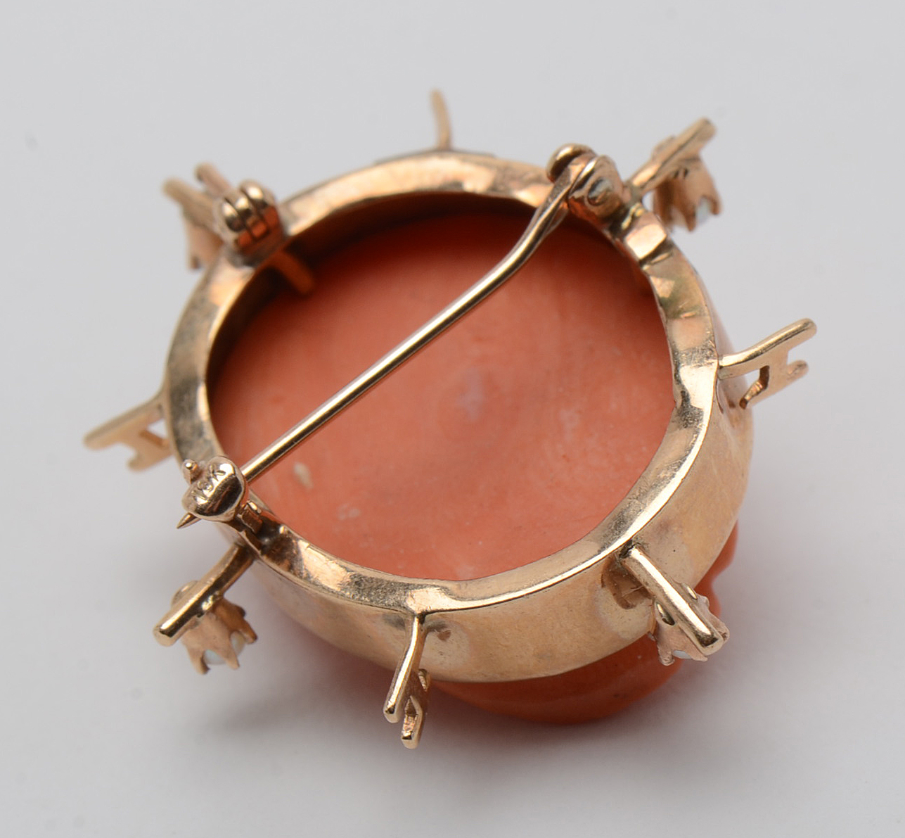 Early 20th Century 10K Yellow Gold Carved Coral Cameo Seed Pearl Pendant Brooch