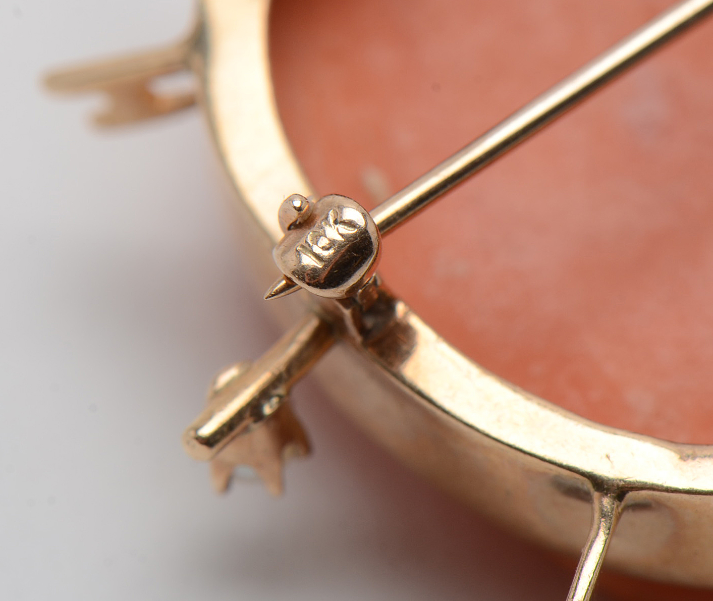 Early 20th Century 10K Yellow Gold Carved Coral Cameo Seed Pearl Pendant Brooch