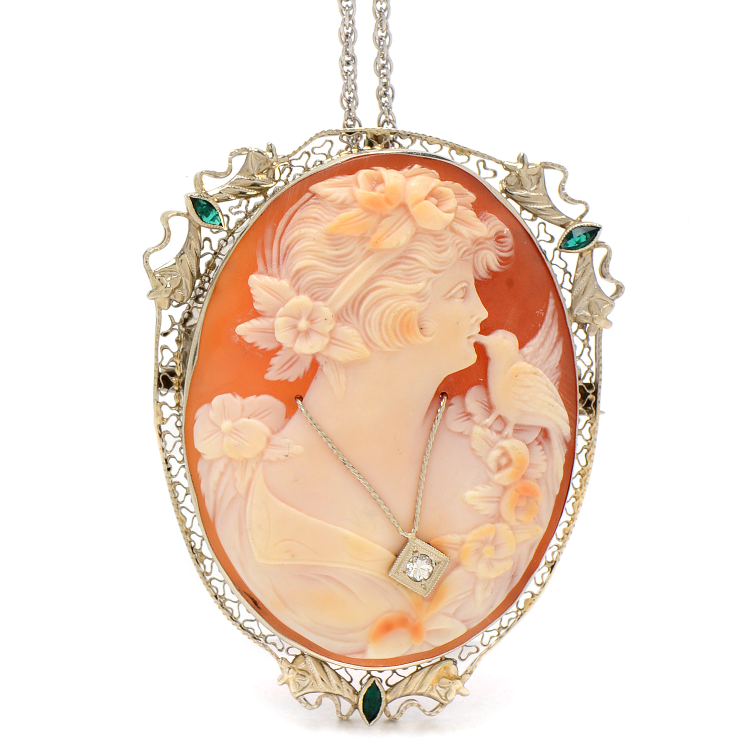 14K White Gold Carved Shell Habillé Diamond Cameo Brooch Pendant and Chain