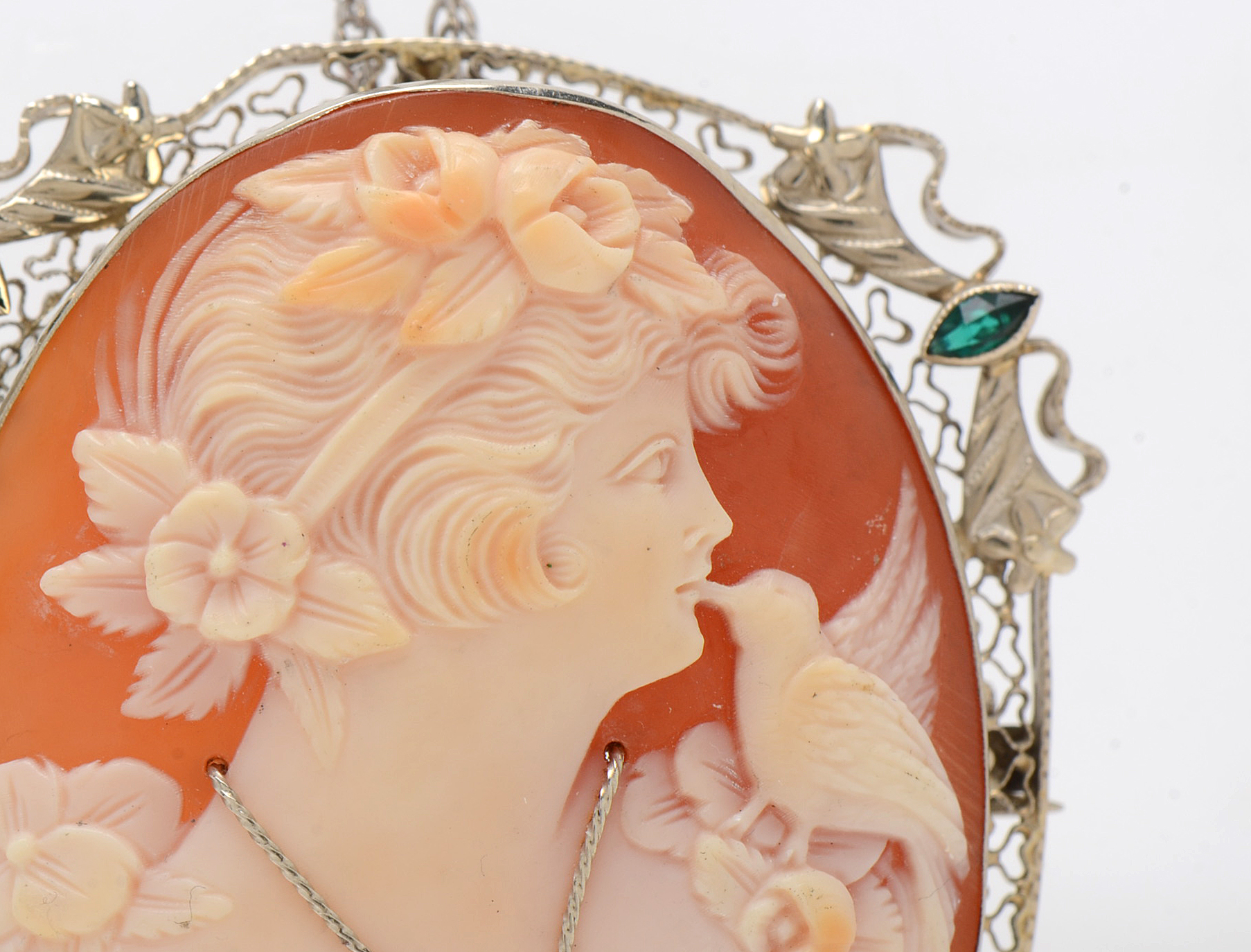 14K White Gold Carved Shell Habillé Diamond Cameo Brooch Pendant and Chain