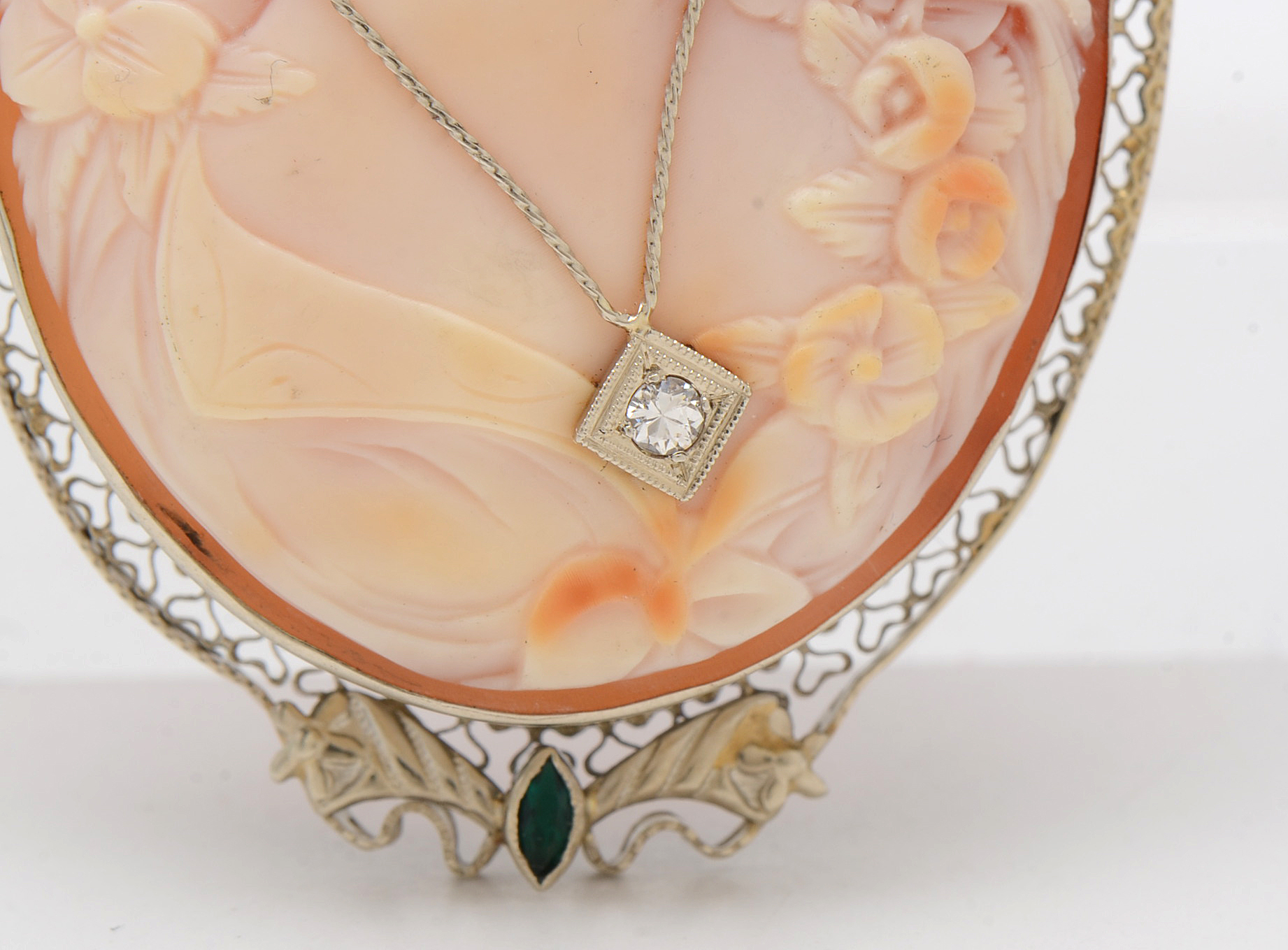 14K White Gold Carved Shell Habillé Diamond Cameo Brooch Pendant and Chain