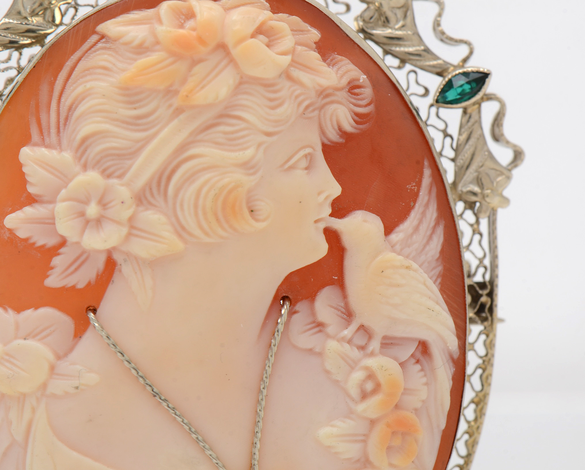 14K White Gold Carved Shell Habillé Diamond Cameo Brooch Pendant and Chain