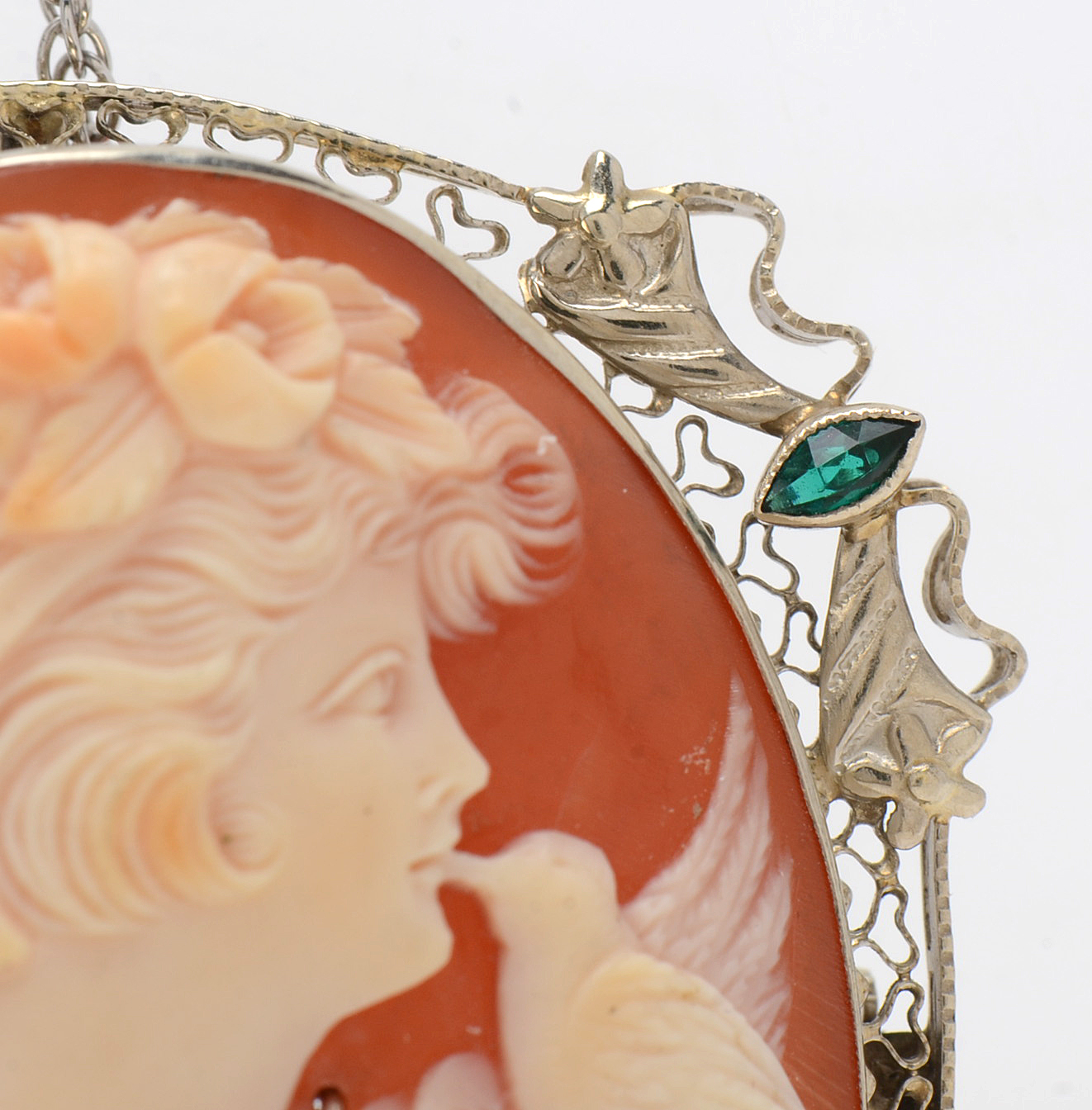 14K White Gold Carved Shell Habillé Diamond Cameo Brooch Pendant and Chain