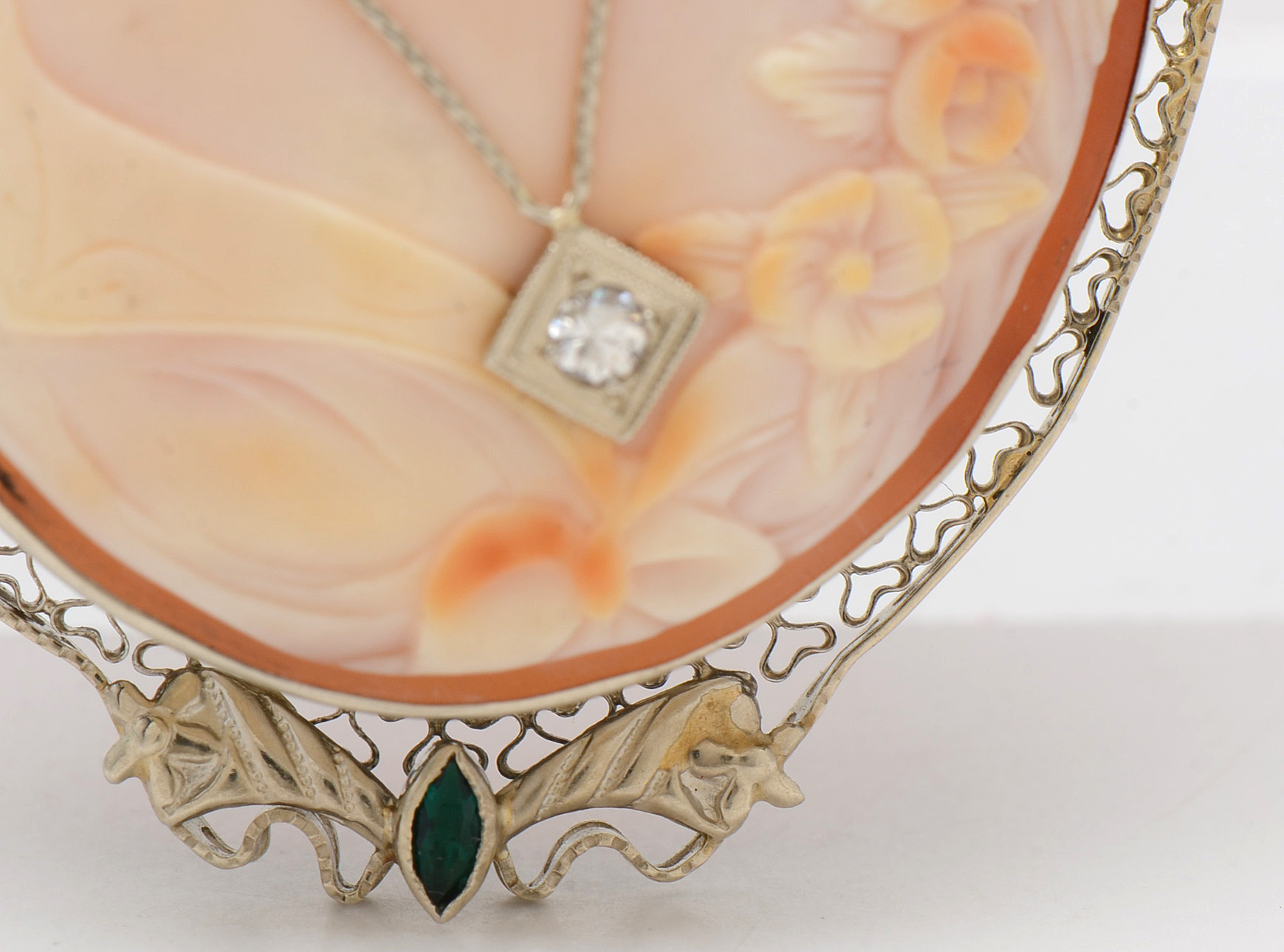 14K White Gold Carved Shell Habillé Diamond Cameo Brooch Pendant and Chain