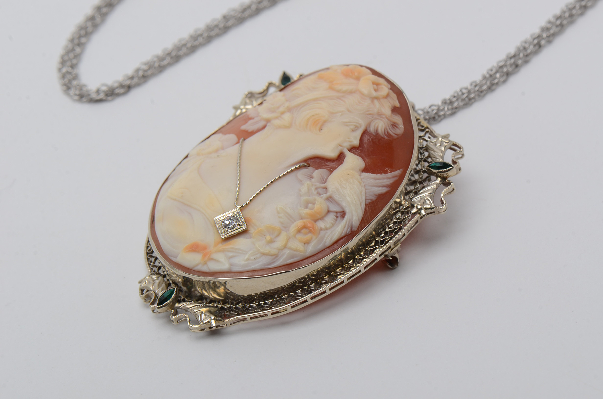 14K White Gold Carved Shell Habillé Diamond Cameo Brooch Pendant and Chain