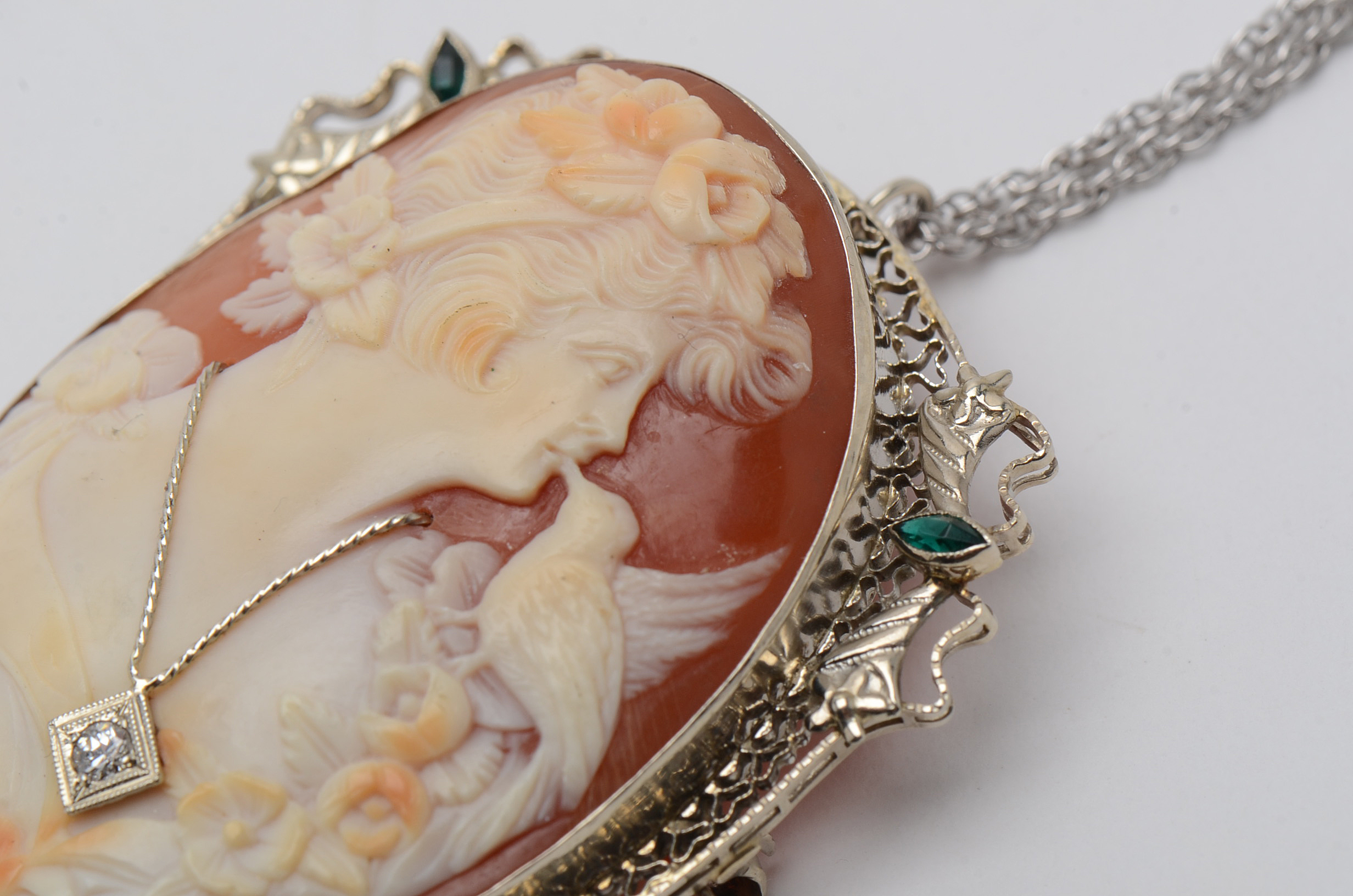 14K White Gold Carved Shell Habillé Diamond Cameo Brooch Pendant and Chain