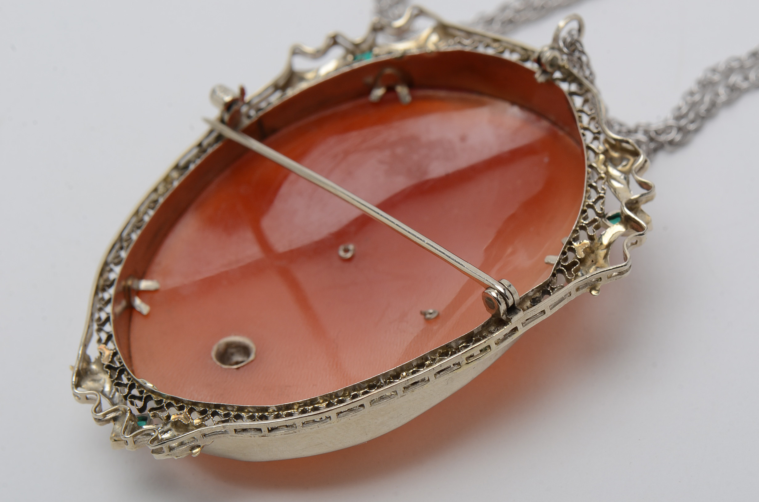 14K White Gold Carved Shell Habillé Diamond Cameo Brooch Pendant and Chain