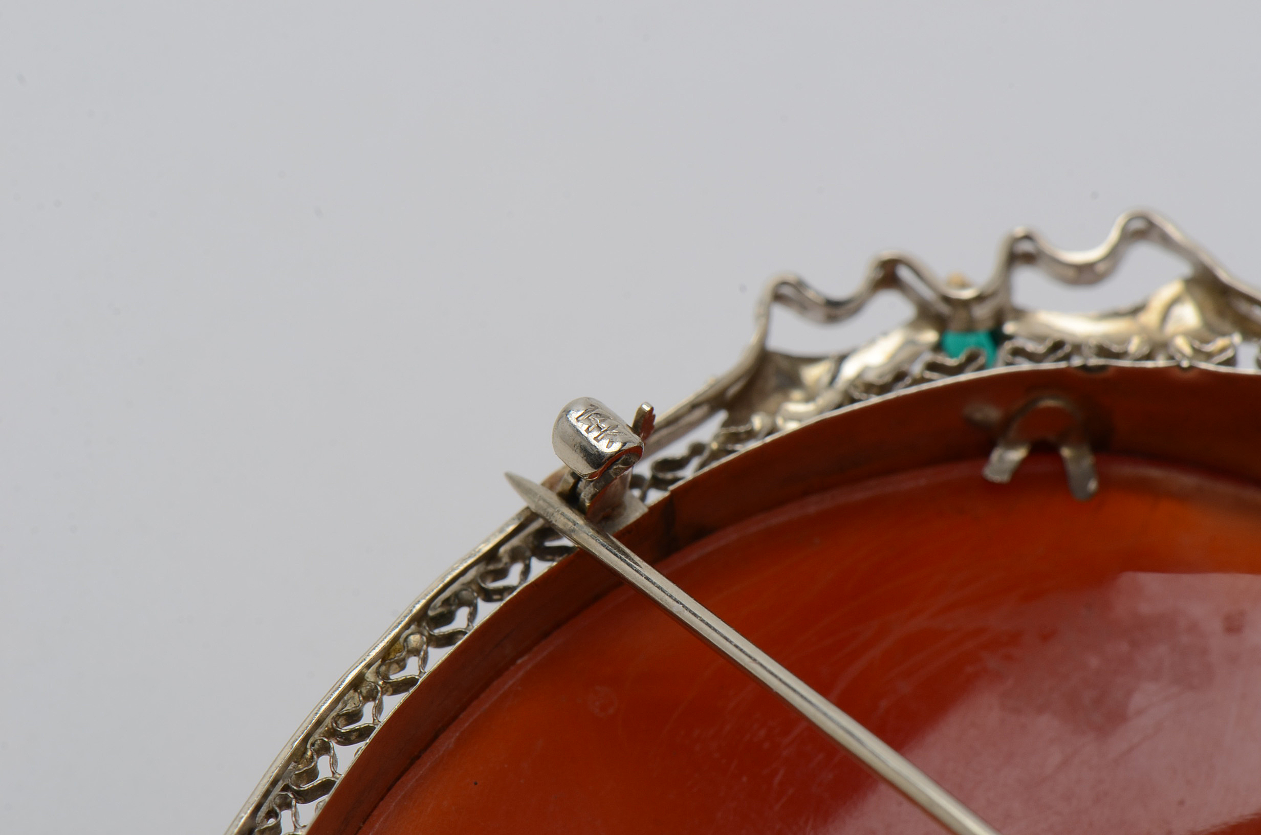 14K White Gold Carved Shell Habillé Diamond Cameo Brooch Pendant and Chain