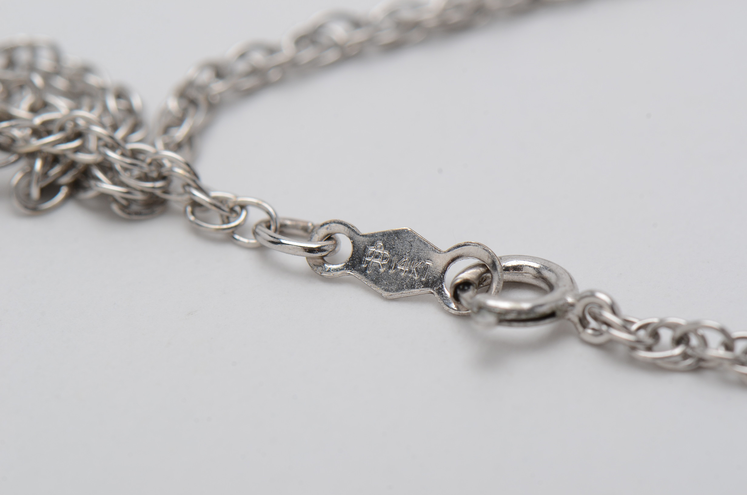 14K White Gold Carved Shell Habillé Diamond Cameo Brooch Pendant and Chain