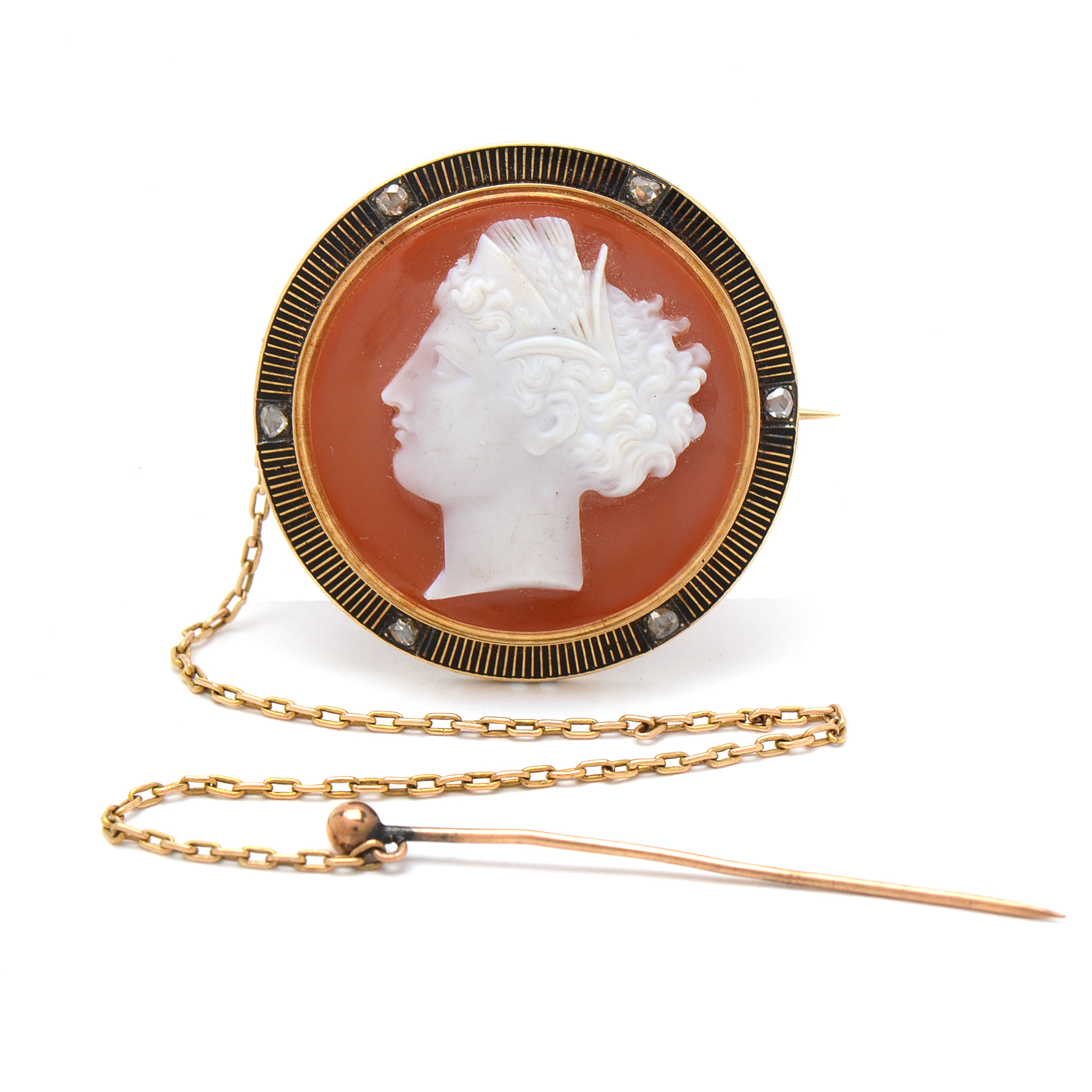 Victorian 18K Yellow Gold Agate Cameo Diamond Brooch with Safety Chain Pin