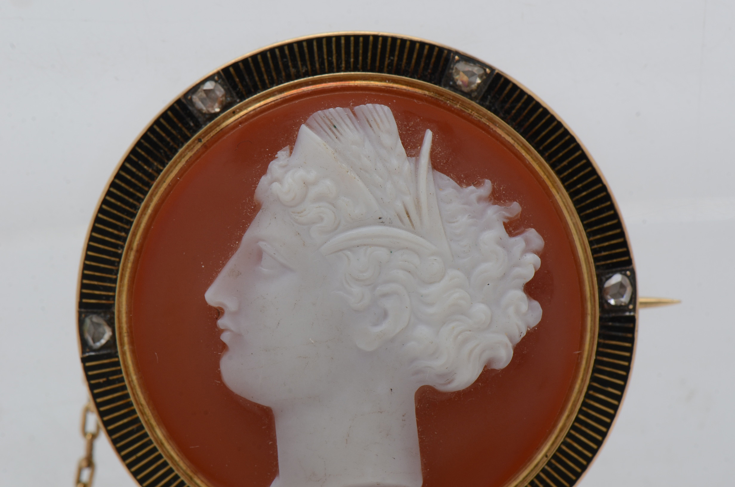 Victorian 18K Yellow Gold Agate Cameo Diamond Brooch with Safety Chain Pin