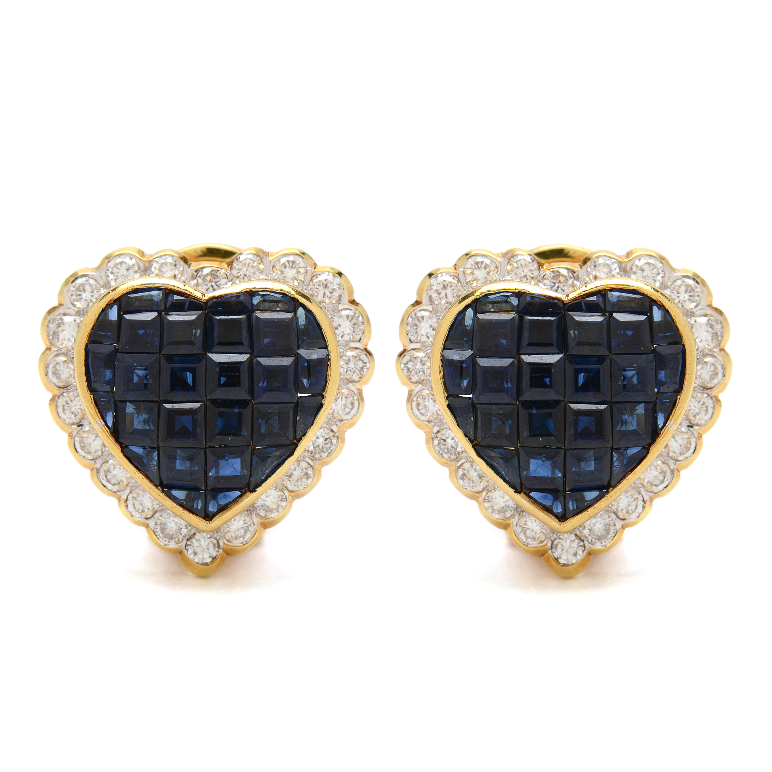 Pair of 18K Yellow Gold Natural Blue Sapphire Diamond Heart-Shaped Earrings
