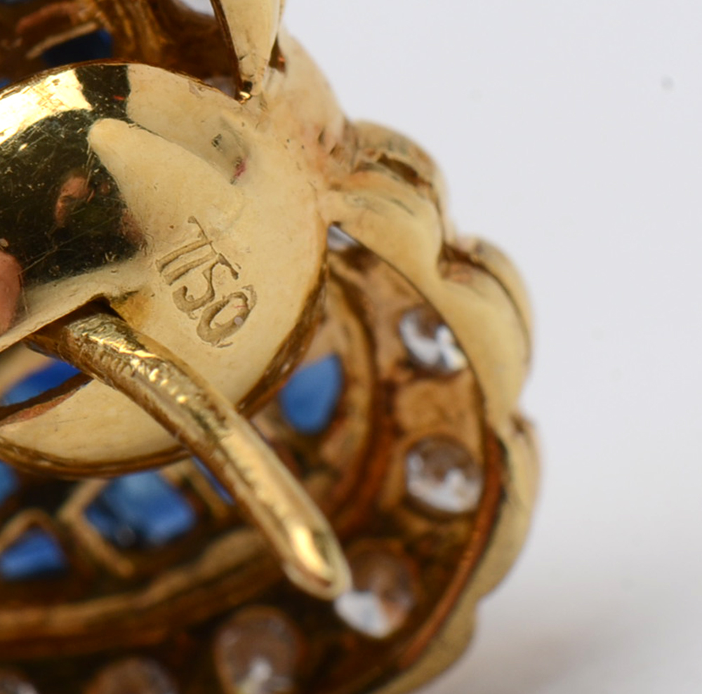 Pair of 18K Yellow Gold Natural Blue Sapphire Diamond Heart-Shaped Earrings