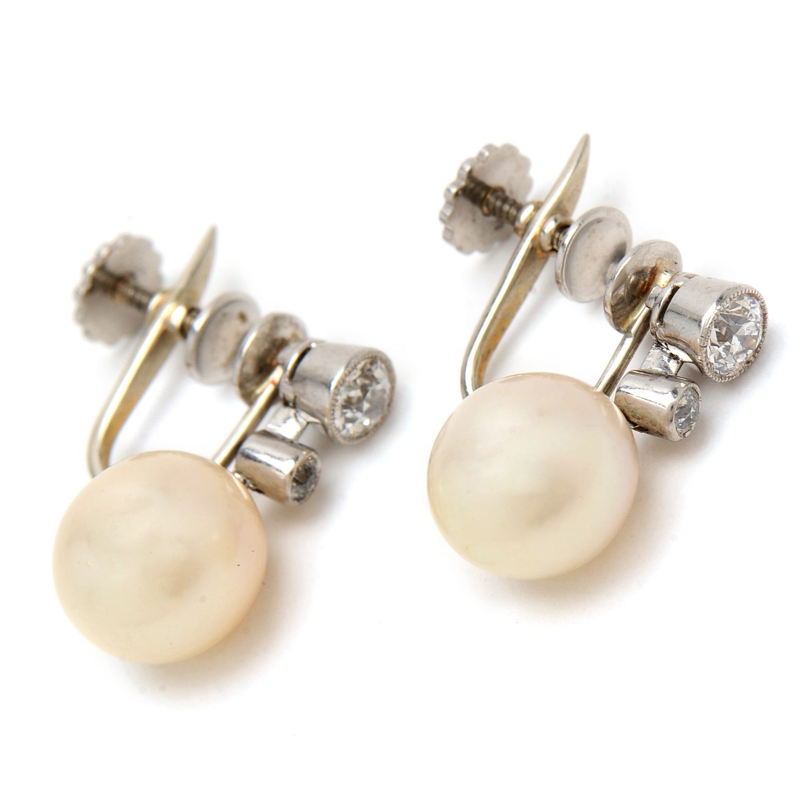 Vintage Platinum Cultured Pearl Diamond Drop Screw Back Earrings