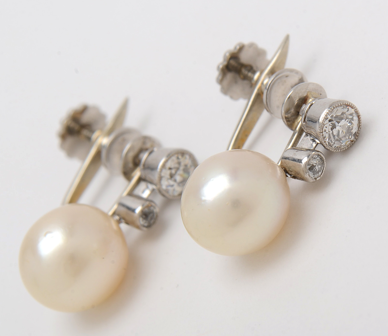 Vintage Platinum Cultured Pearl Diamond Drop Screw Back Earrings