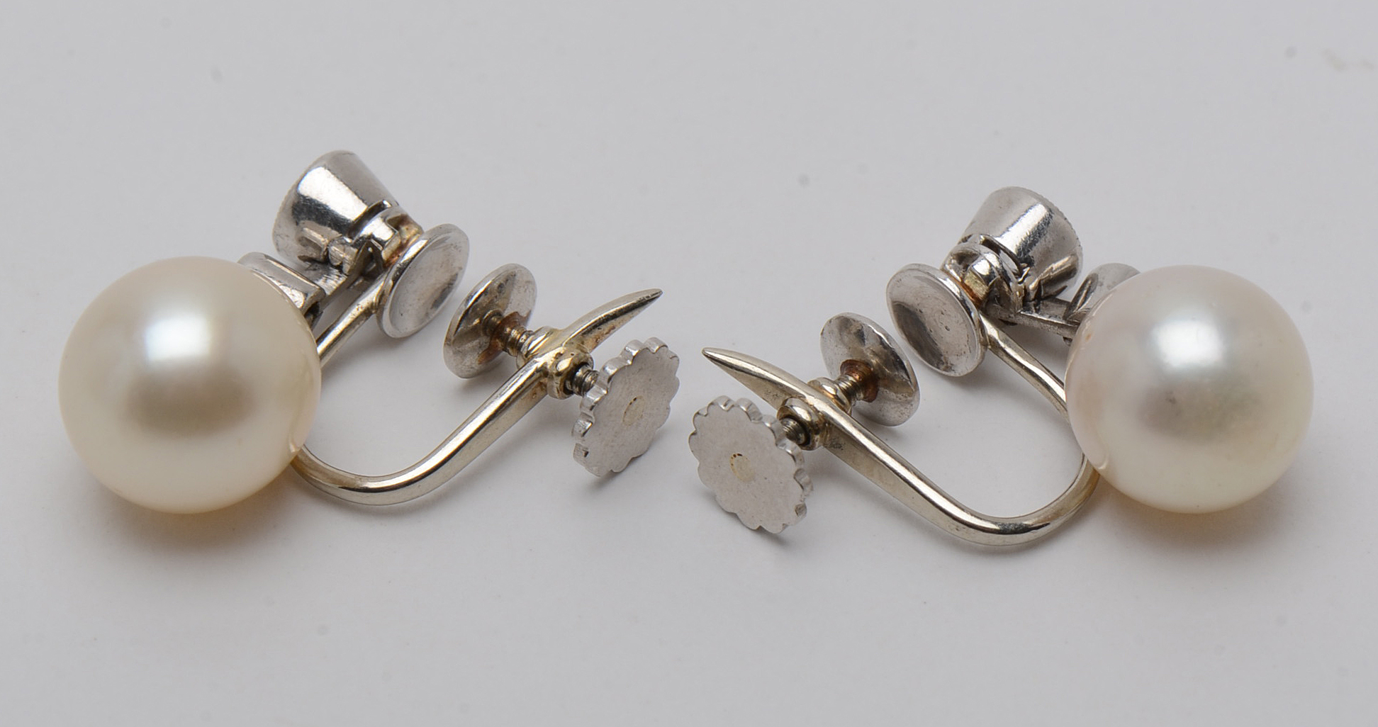 Vintage Platinum Cultured Pearl Diamond Drop Screw Back Earrings