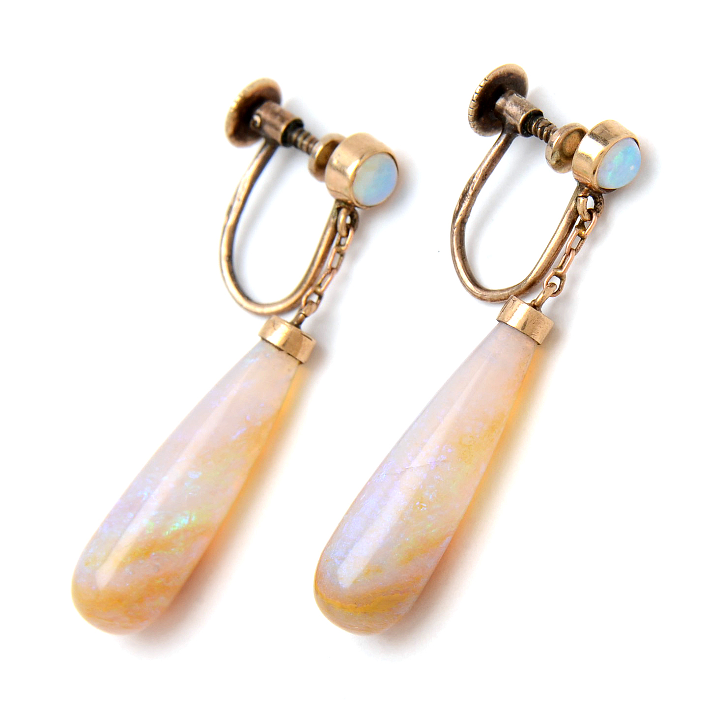 Early 20th Century 9K Yellow Gold Opal Drop Screw Back Earrings