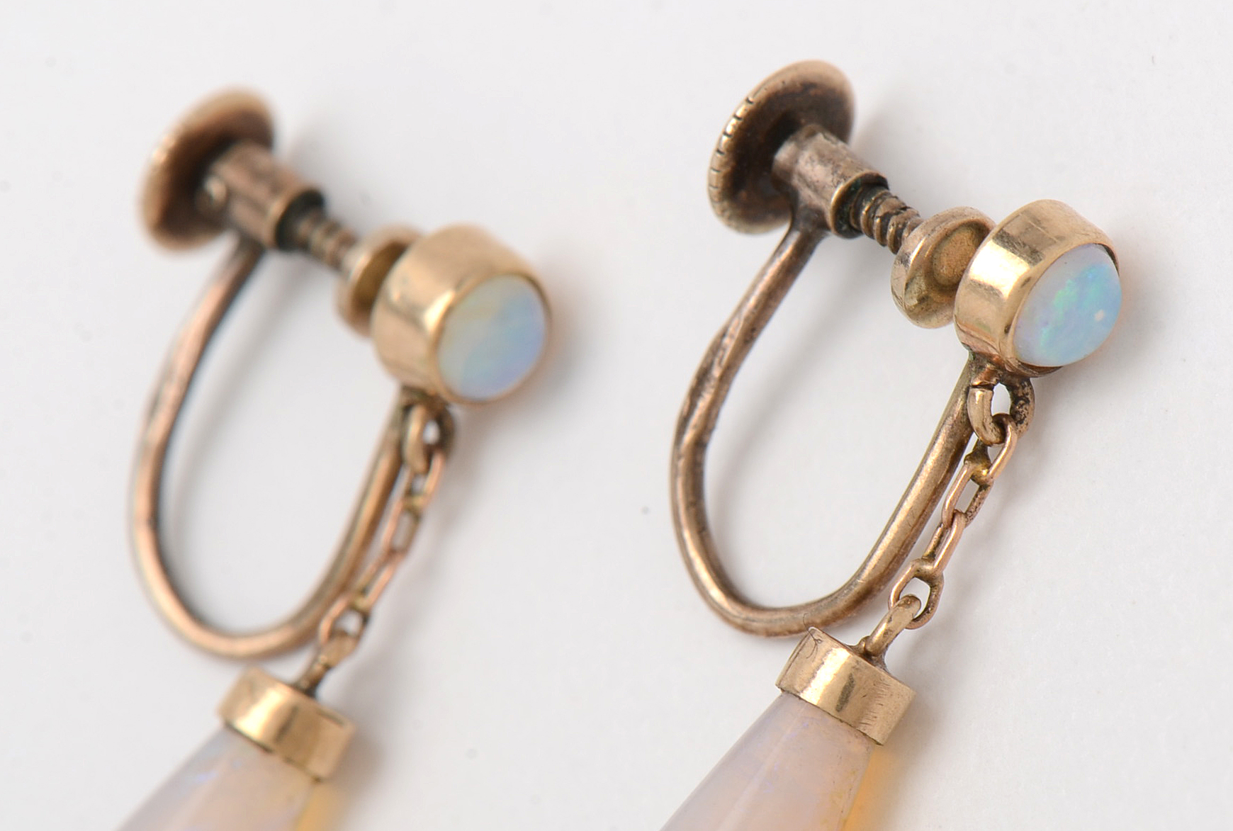 Early 20th Century 9K Yellow Gold Opal Drop Screw Back Earrings