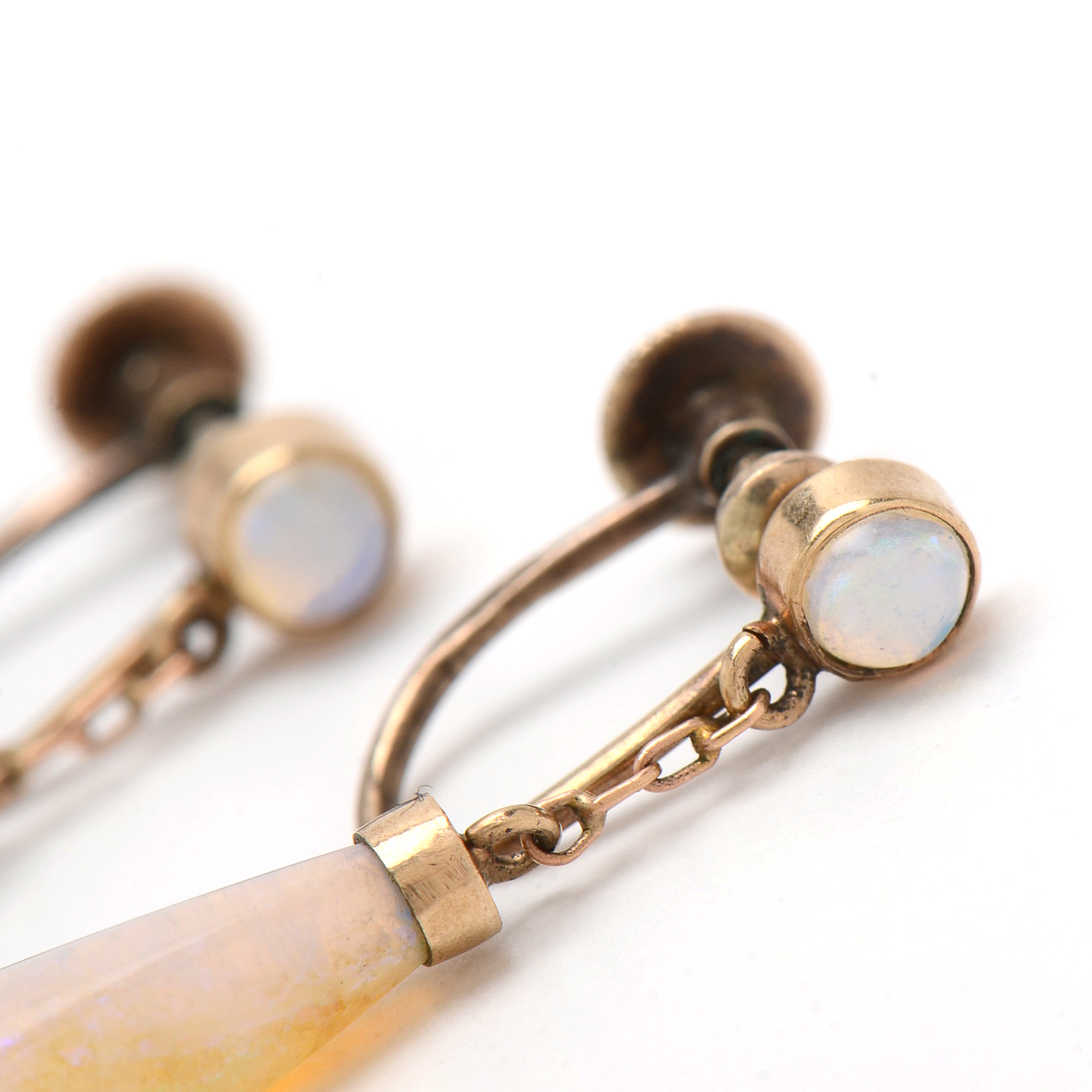 Early 20th Century 9K Yellow Gold Opal Drop Screw Back Earrings