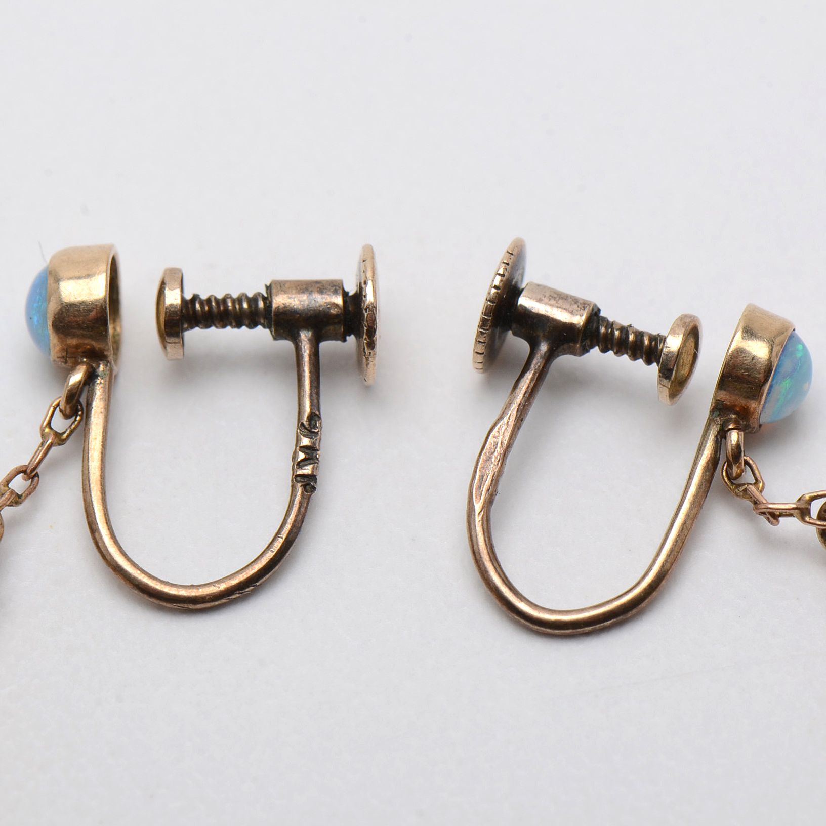 Early 20th Century 9K Yellow Gold Opal Drop Screw Back Earrings