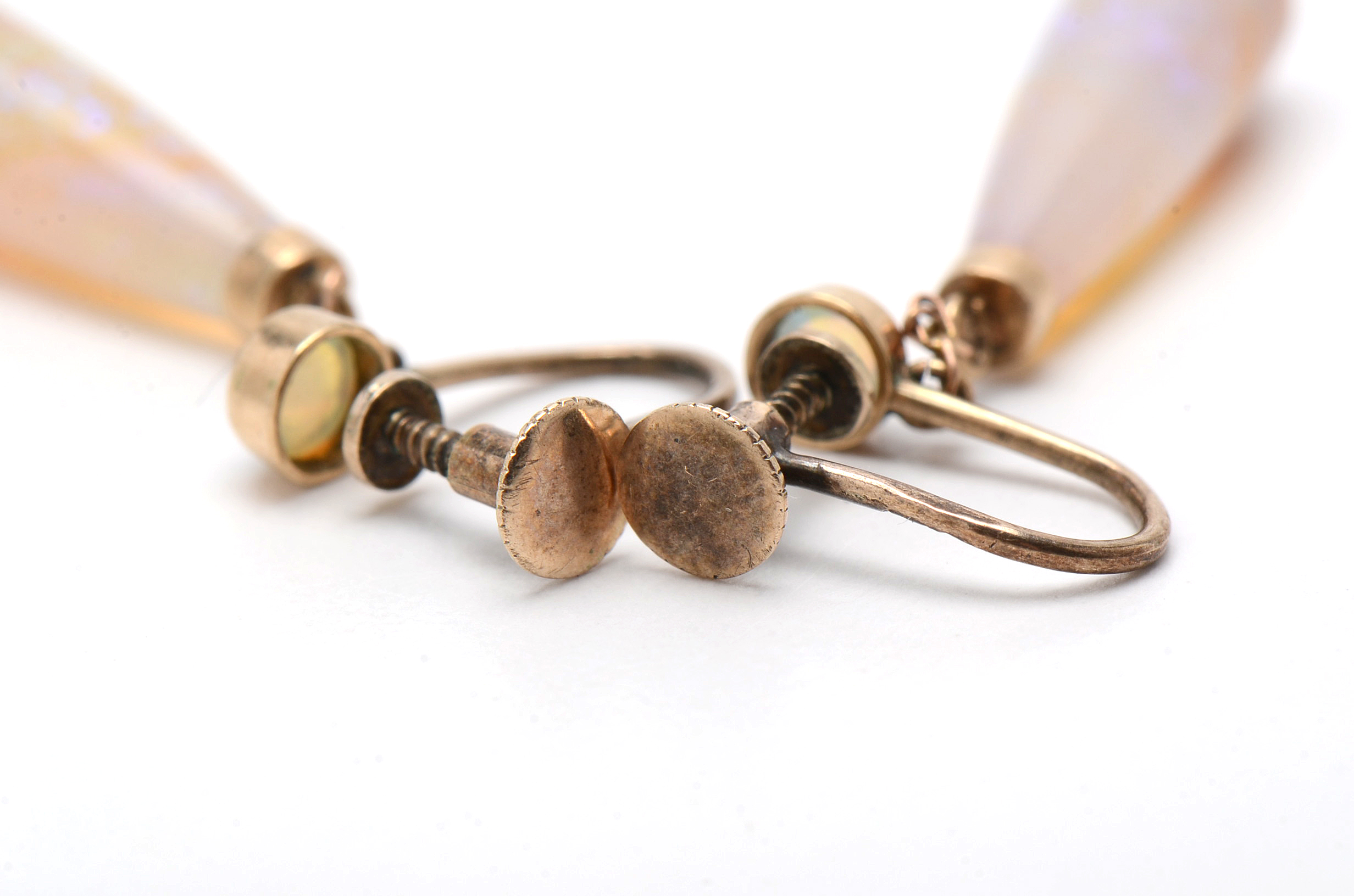 Early 20th Century 9K Yellow Gold Opal Drop Screw Back Earrings