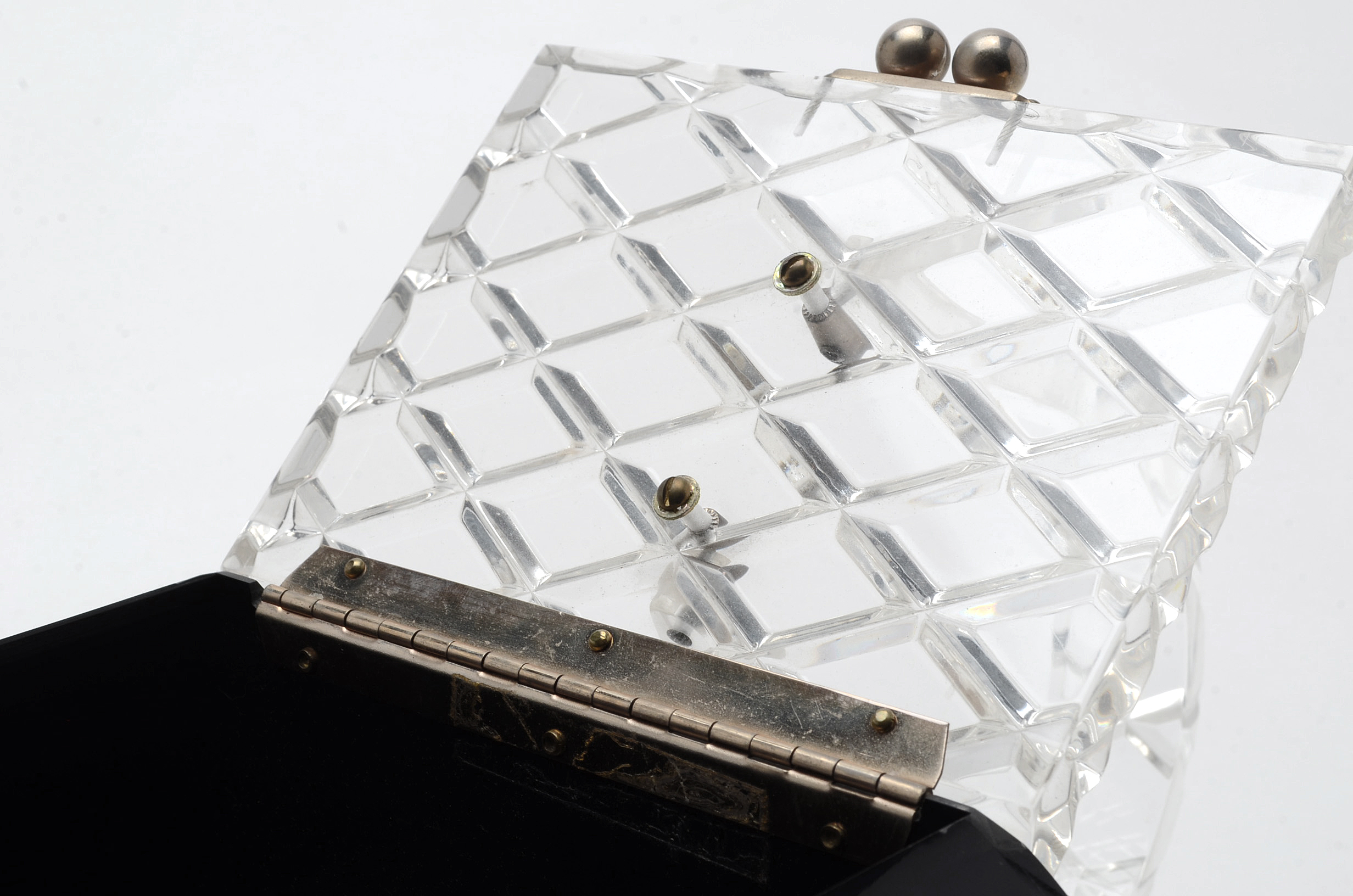 Vintage Black Oval Lucite Purse with raised Diamond Top