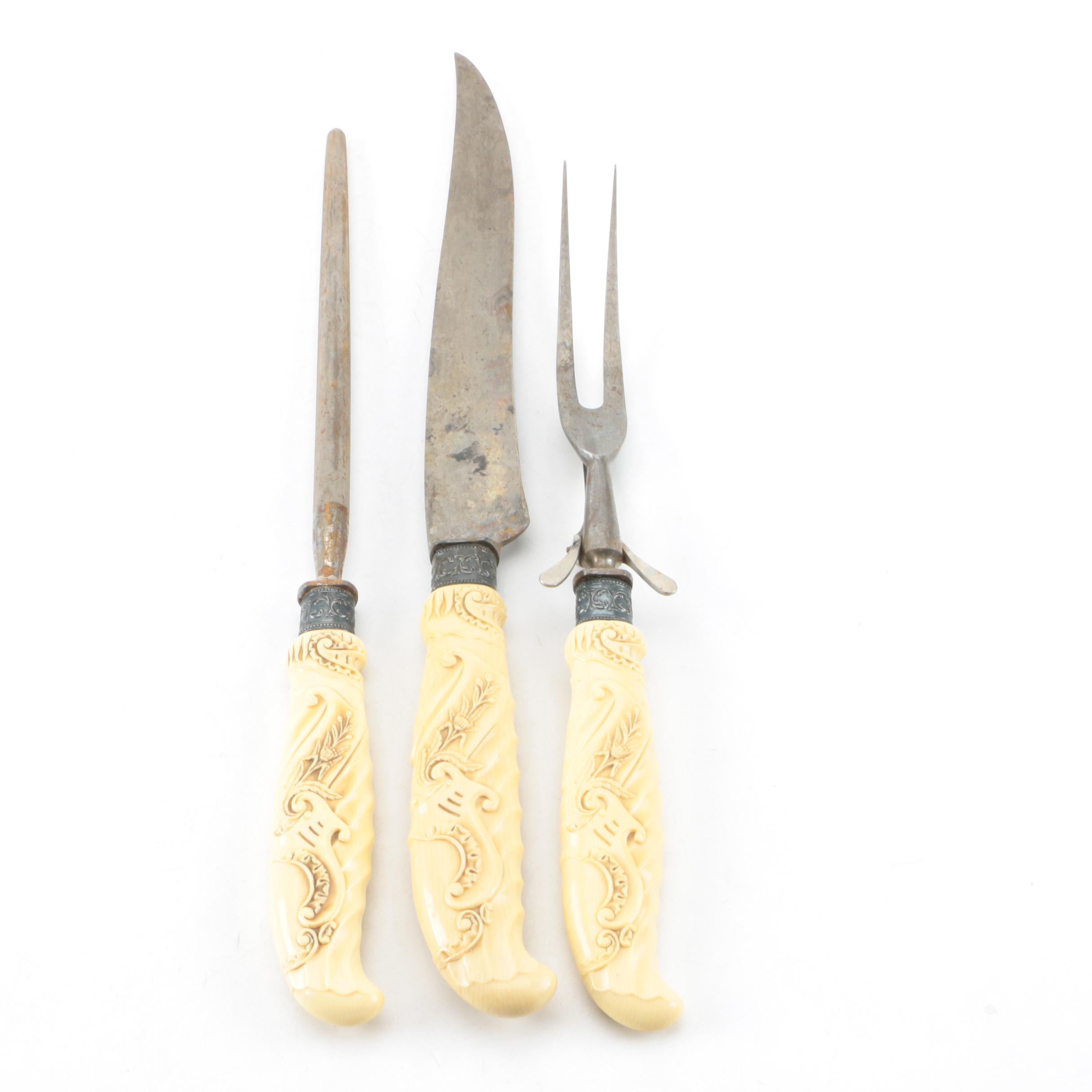Celluloid and Sterling Silver Bolstered Carving Set