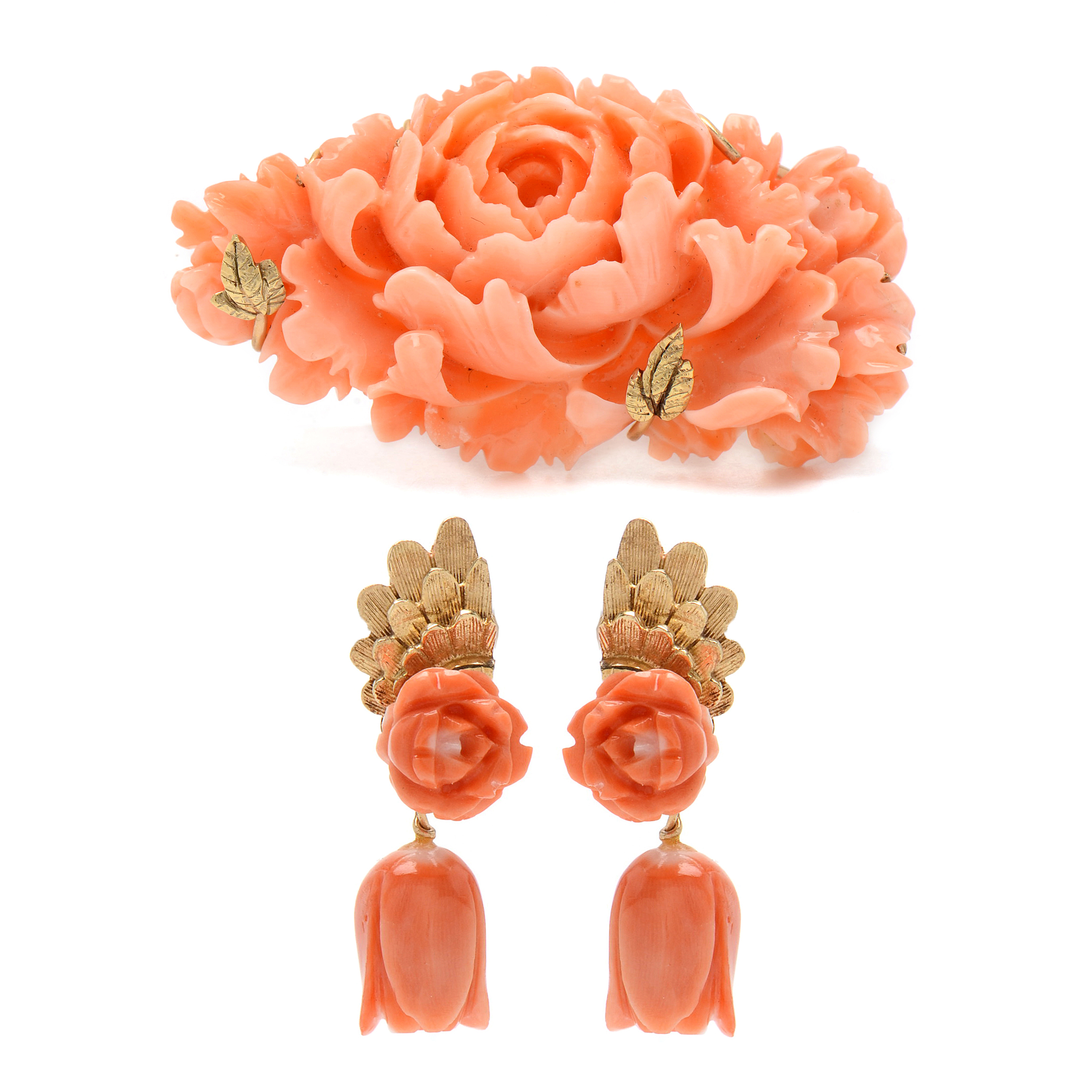 14K Yellow Gold Rose Carved Coral Brooch and Screw Back Drop Earrings