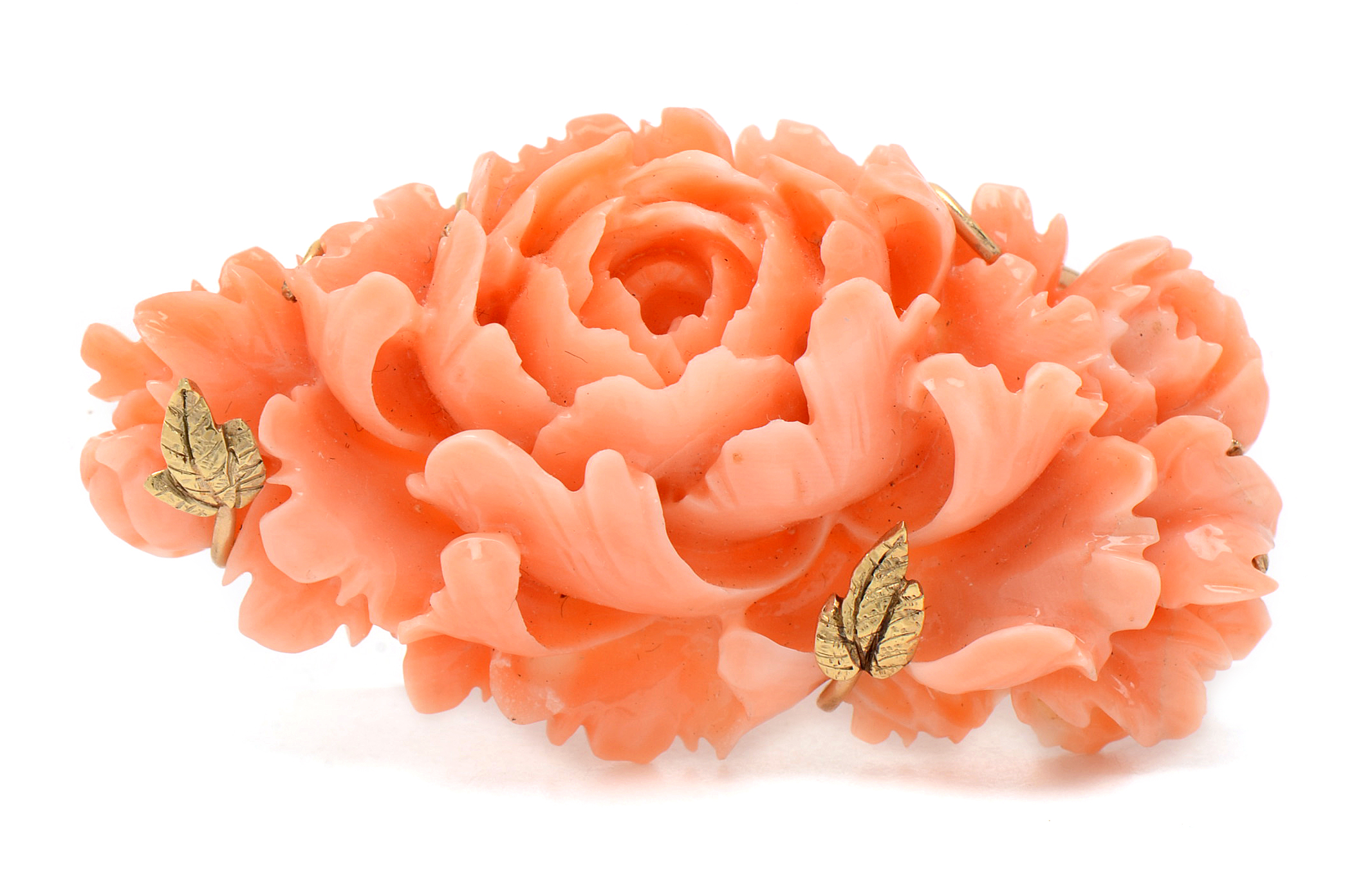 14K Yellow Gold Rose Carved Coral Brooch and Screw Back Drop Earrings