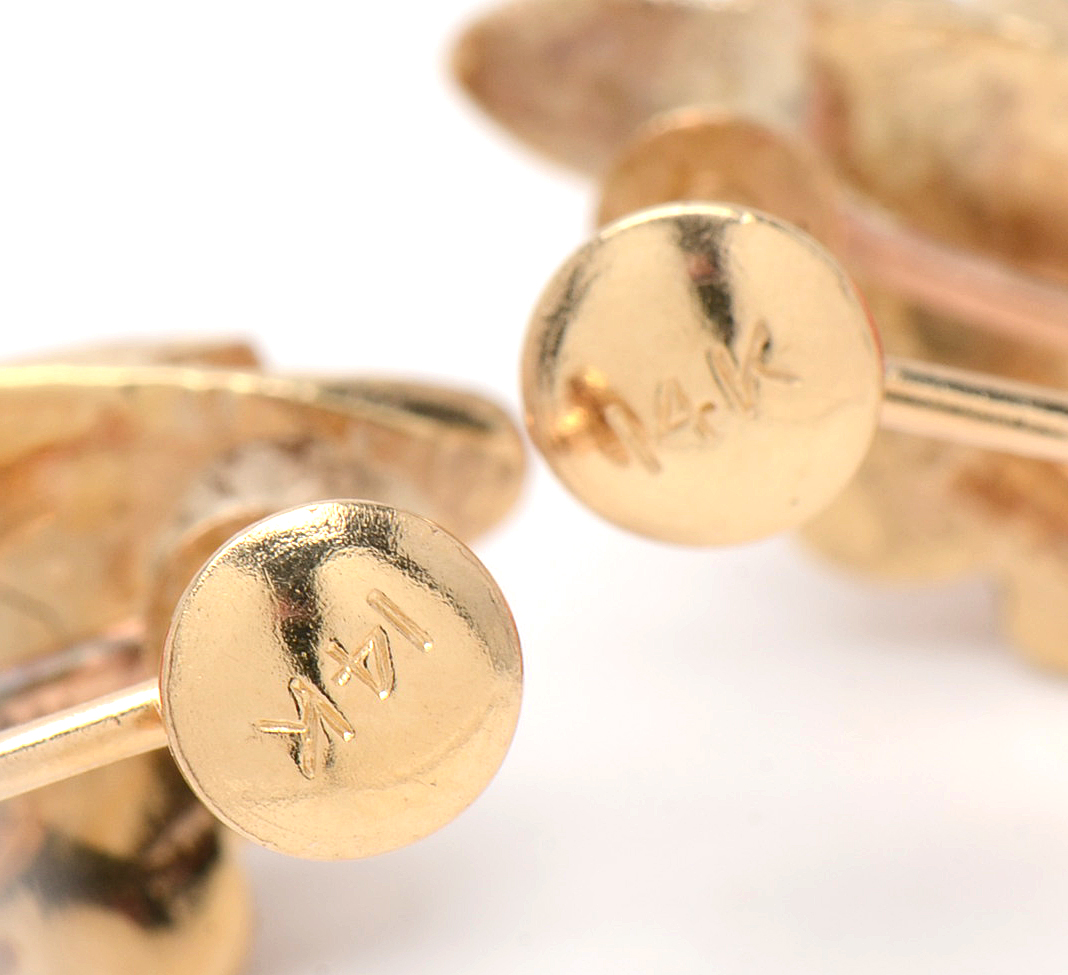 14K Yellow Gold Rose Carved Coral Brooch and Screw Back Drop Earrings