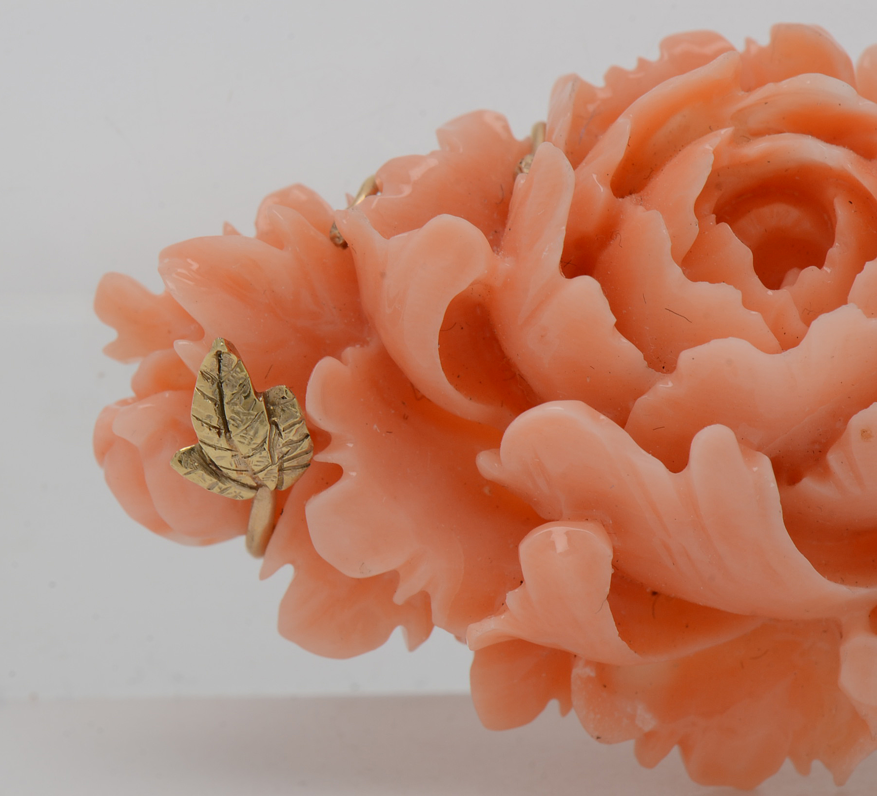 14K Yellow Gold Rose Carved Coral Brooch and Screw Back Drop Earrings