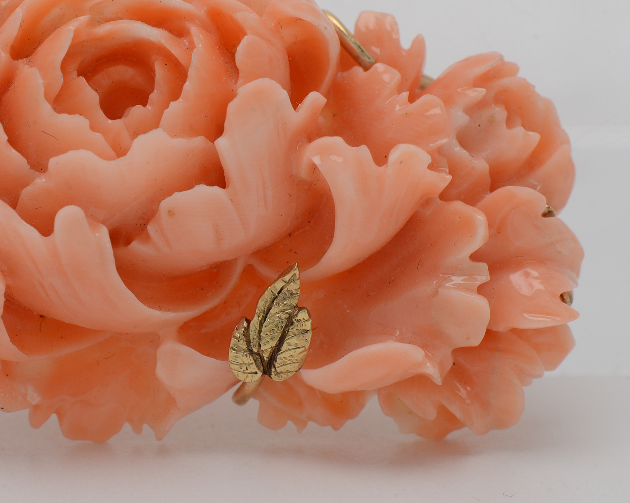 14K Yellow Gold Rose Carved Coral Brooch and Screw Back Drop Earrings