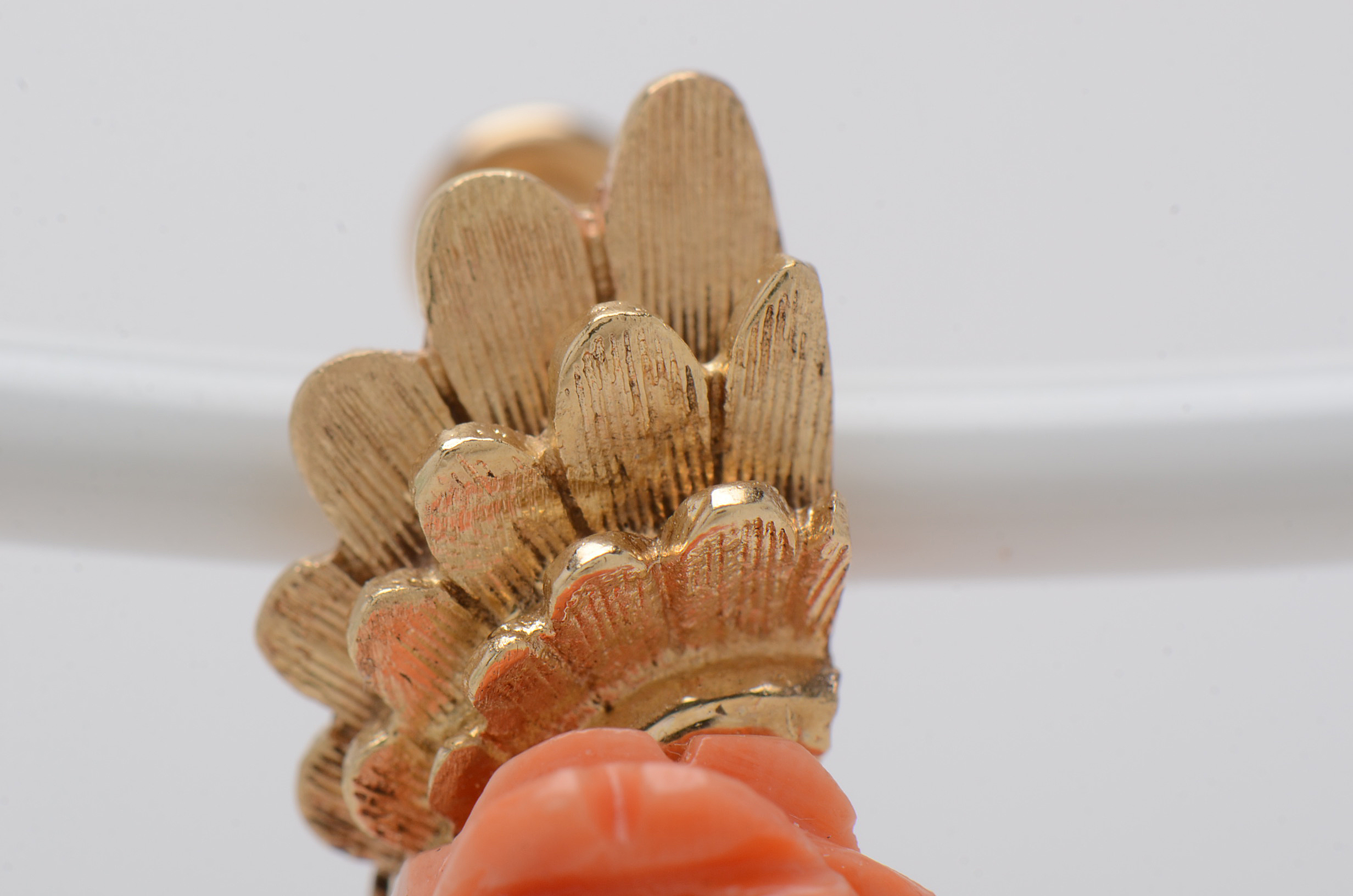 14K Yellow Gold Rose Carved Coral Brooch and Screw Back Drop Earrings